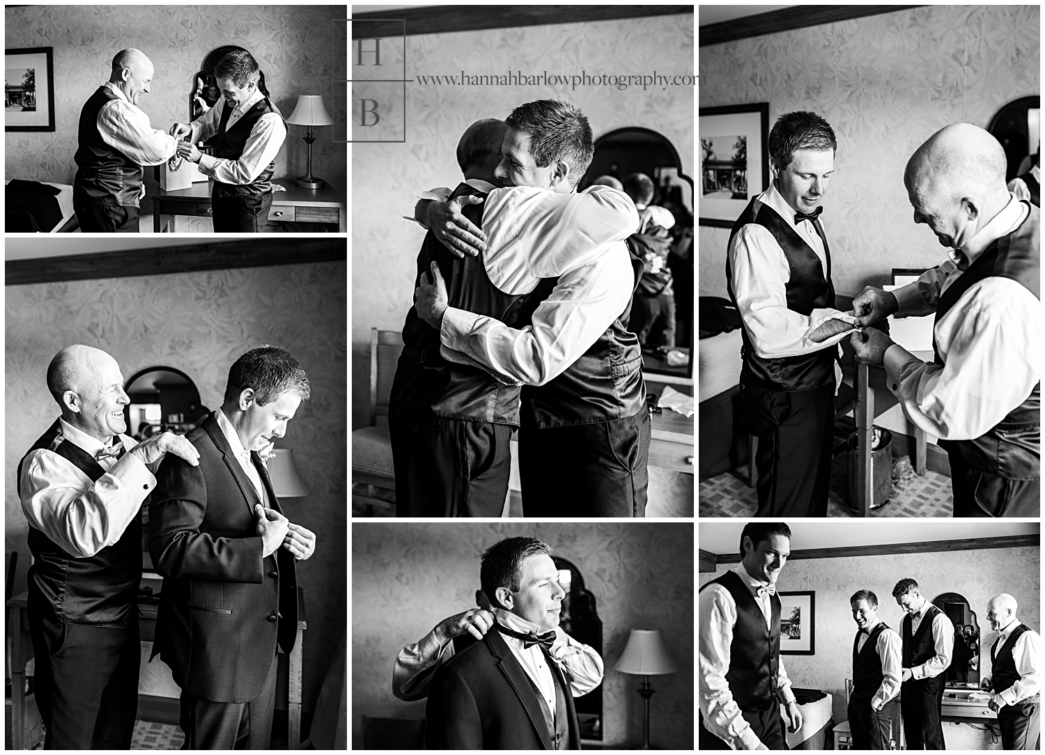 Black and white photos of groom getting ready with Dad