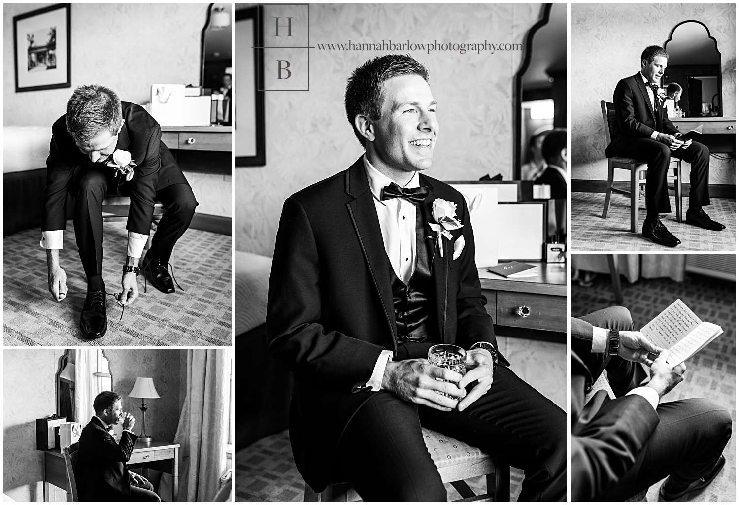 Black and white photos of groom sitting tying shoes and drinking drink