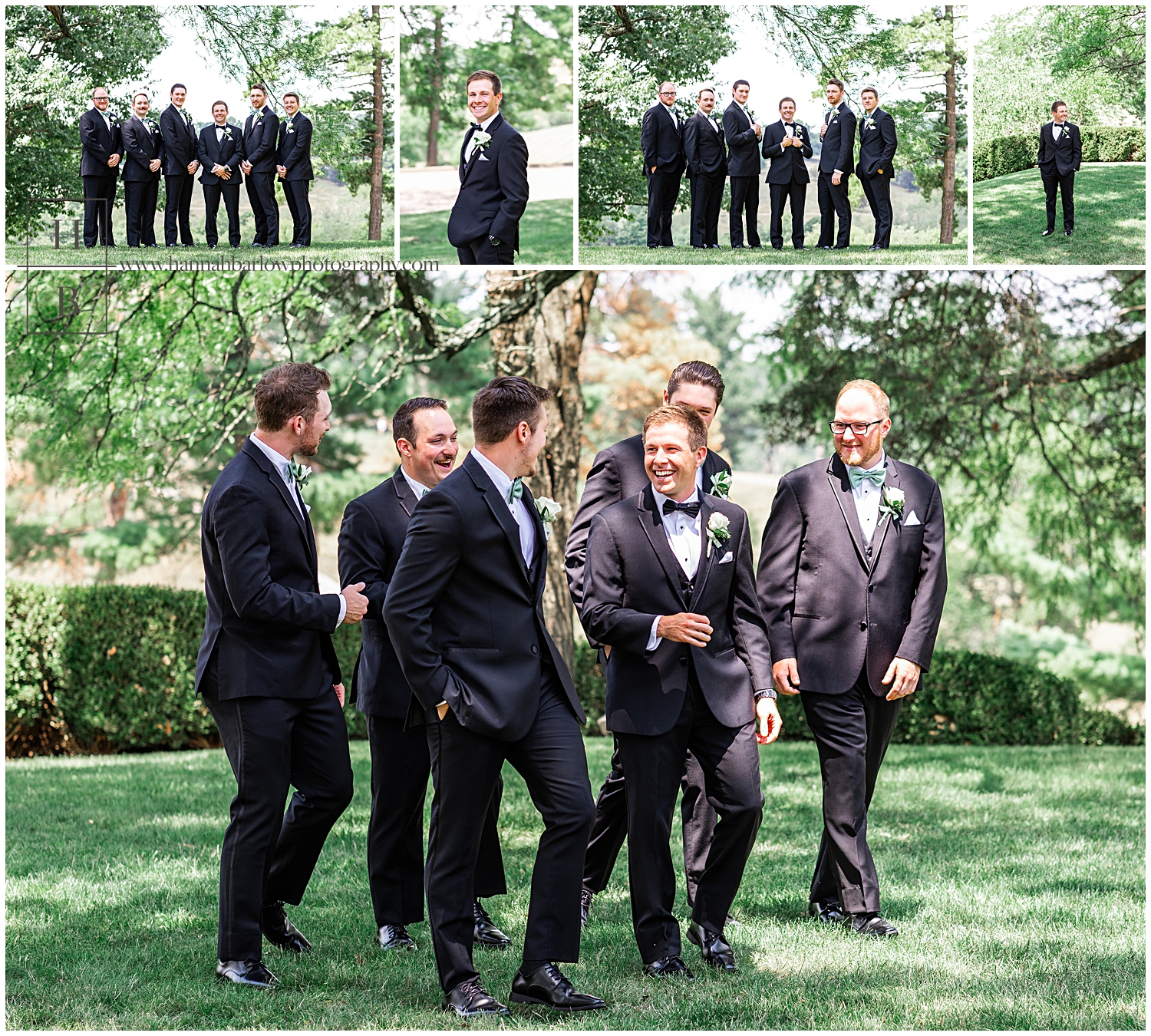 Groom and groomsmen in black tuxes pose for photos