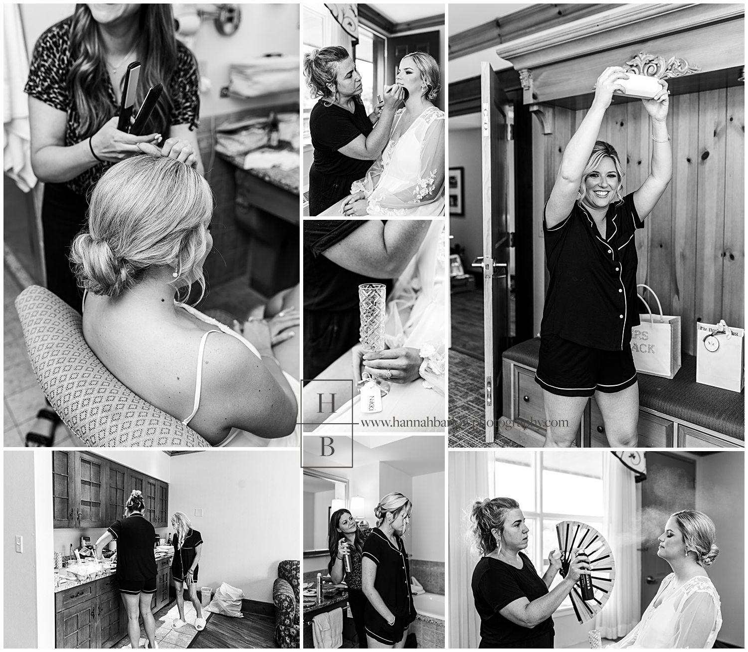 Black and white photos of women getting ready for wedding