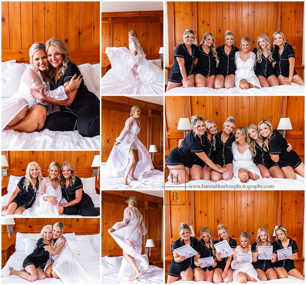 Bride and family and friends pose on bed for photos