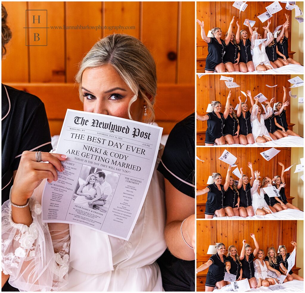 Bride holds wedding newspaper while bridesmaids throw in air