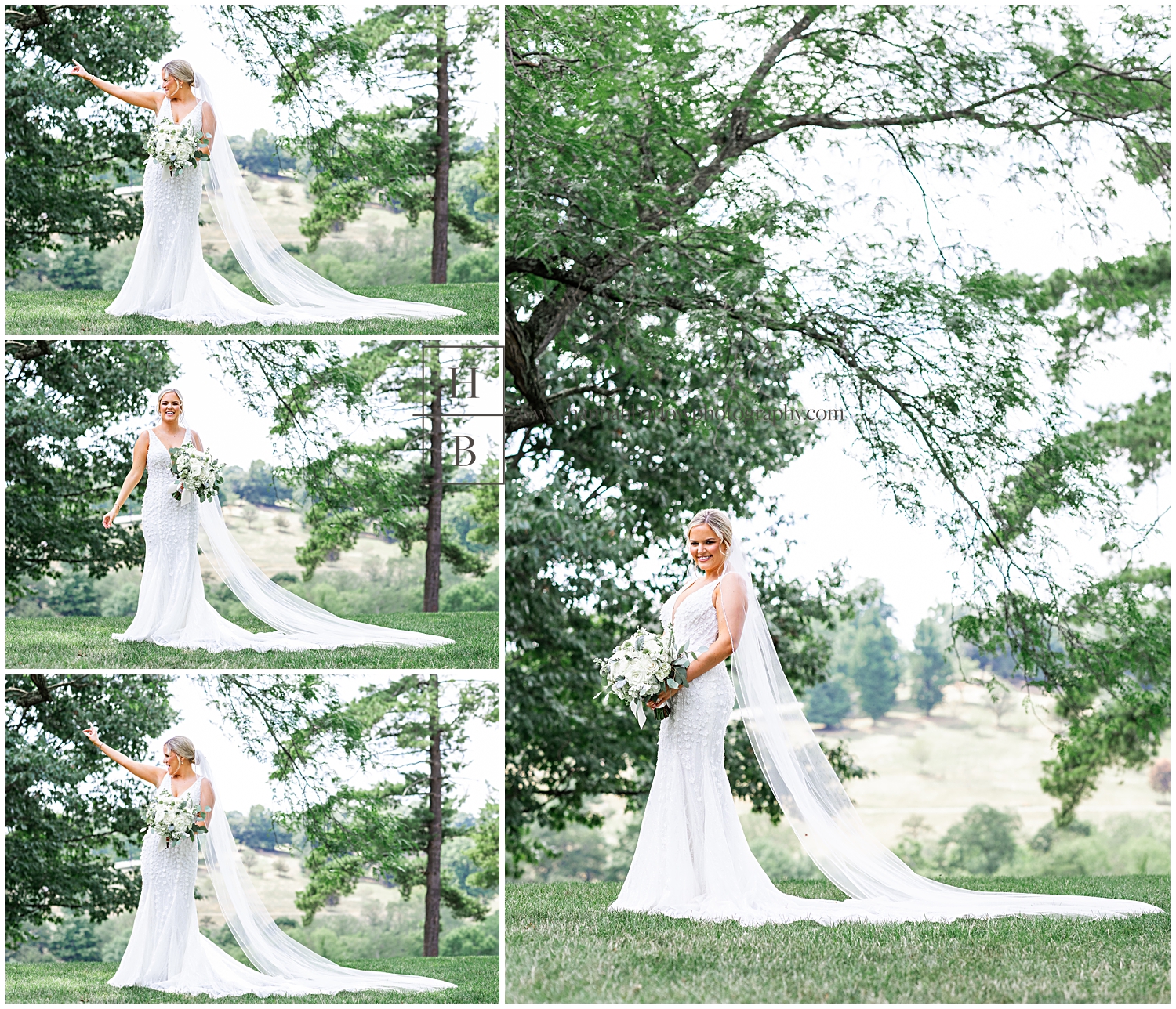 Bride poses in green forest for bridal photos