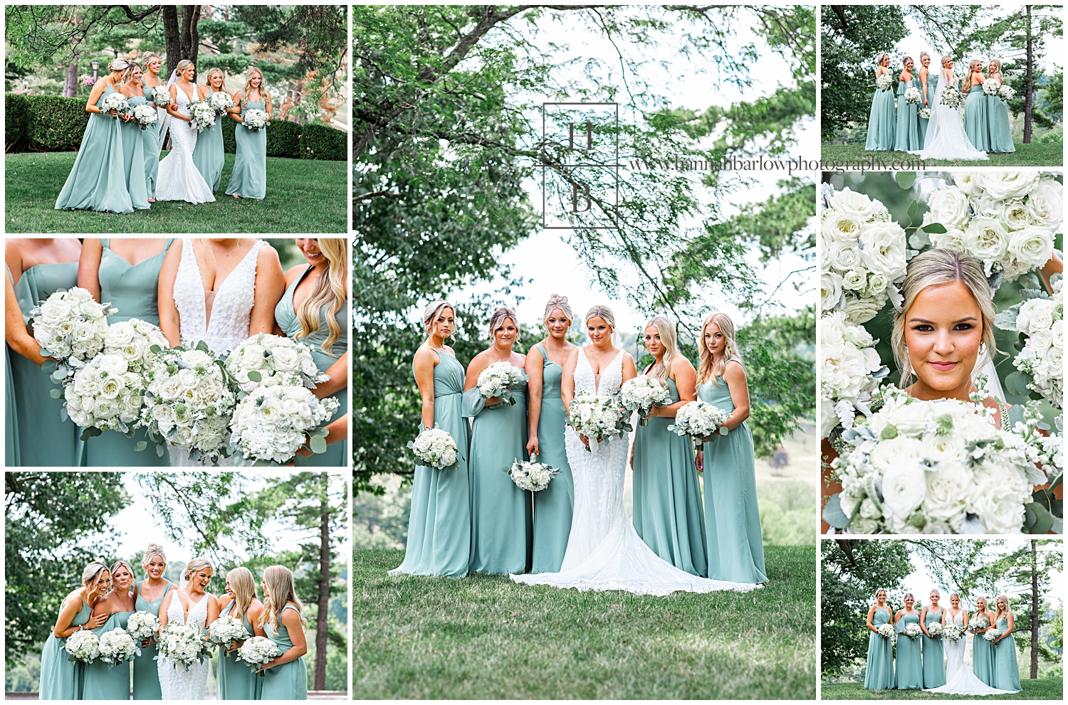 Bridesmaids in sage green dresses pose with bride