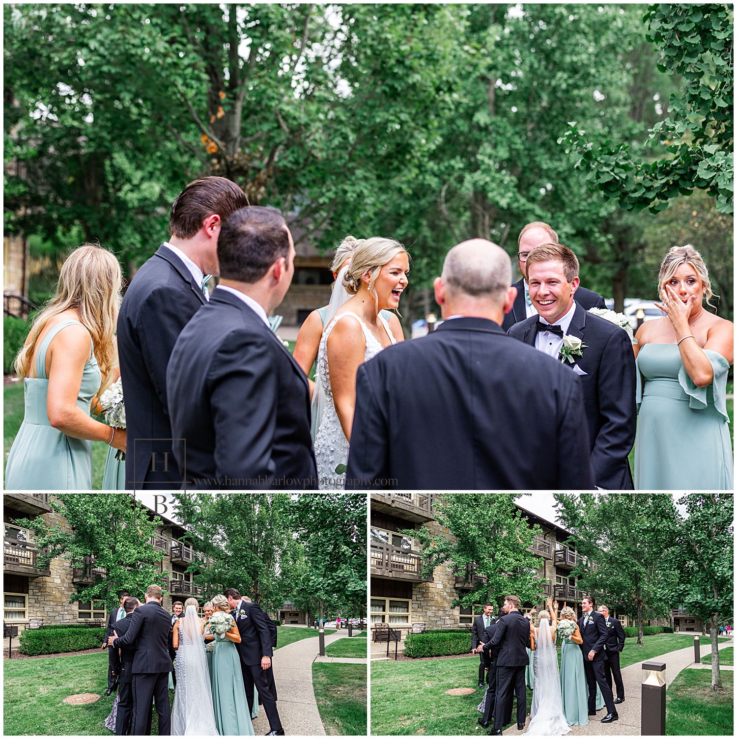 Bride and bridal party celebrate after wedding in circle