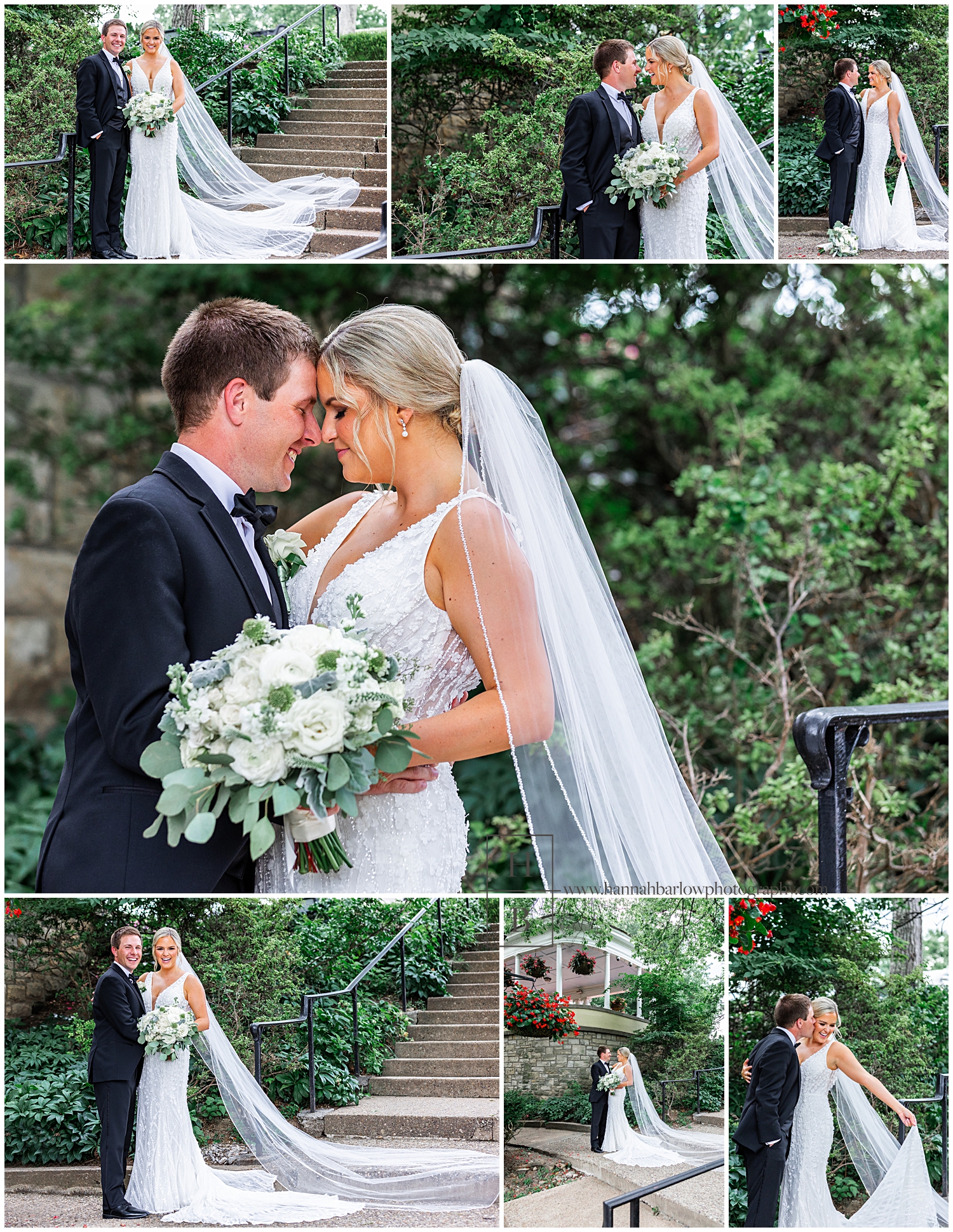 Bride and groom pose by stone steps for wedding photos