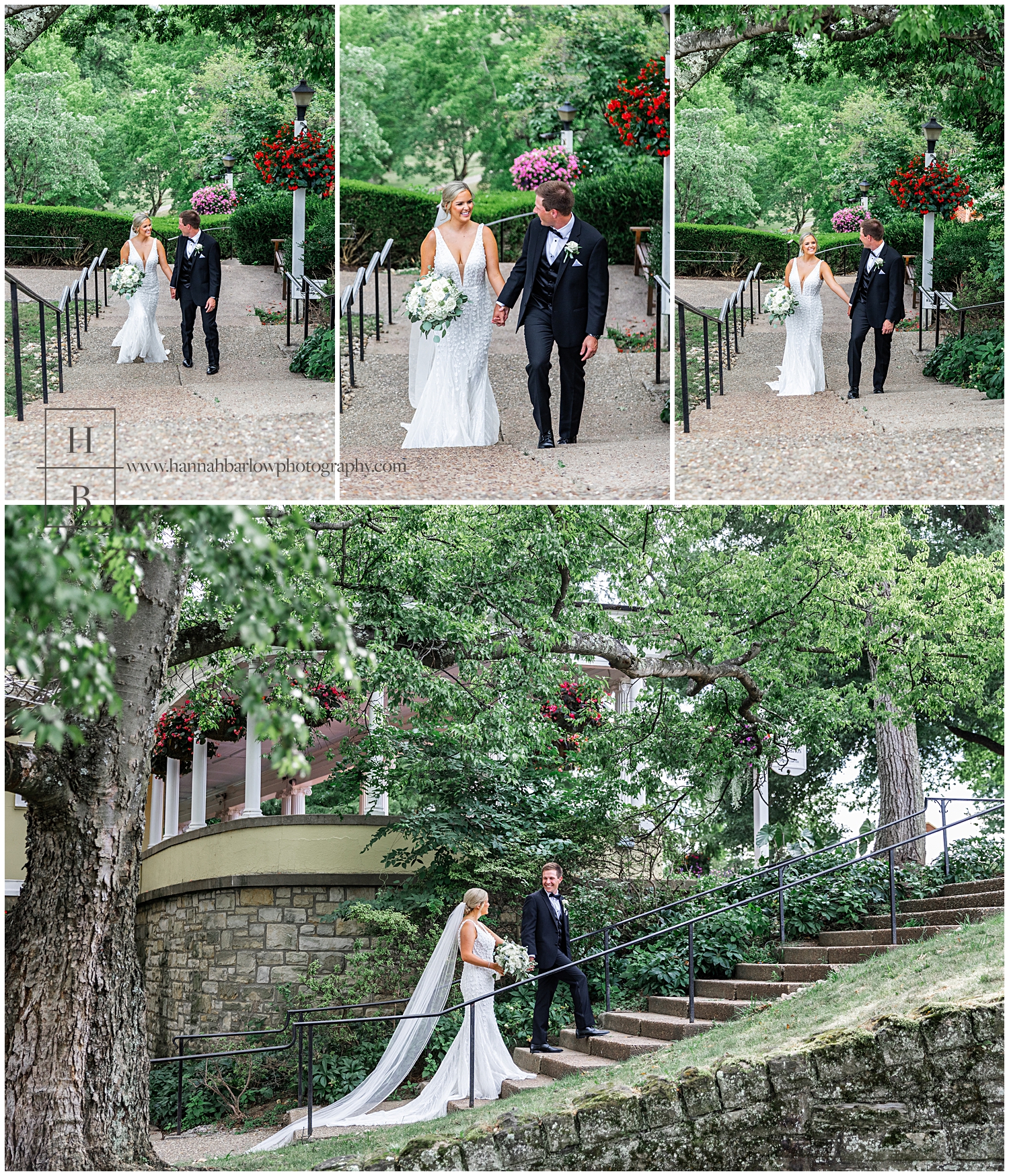 Bride and groom walk up stone steps