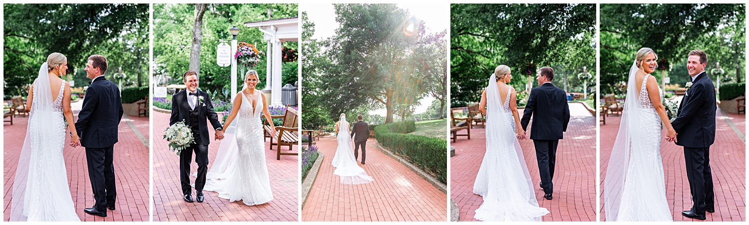 Bride and groom walk on red brick path