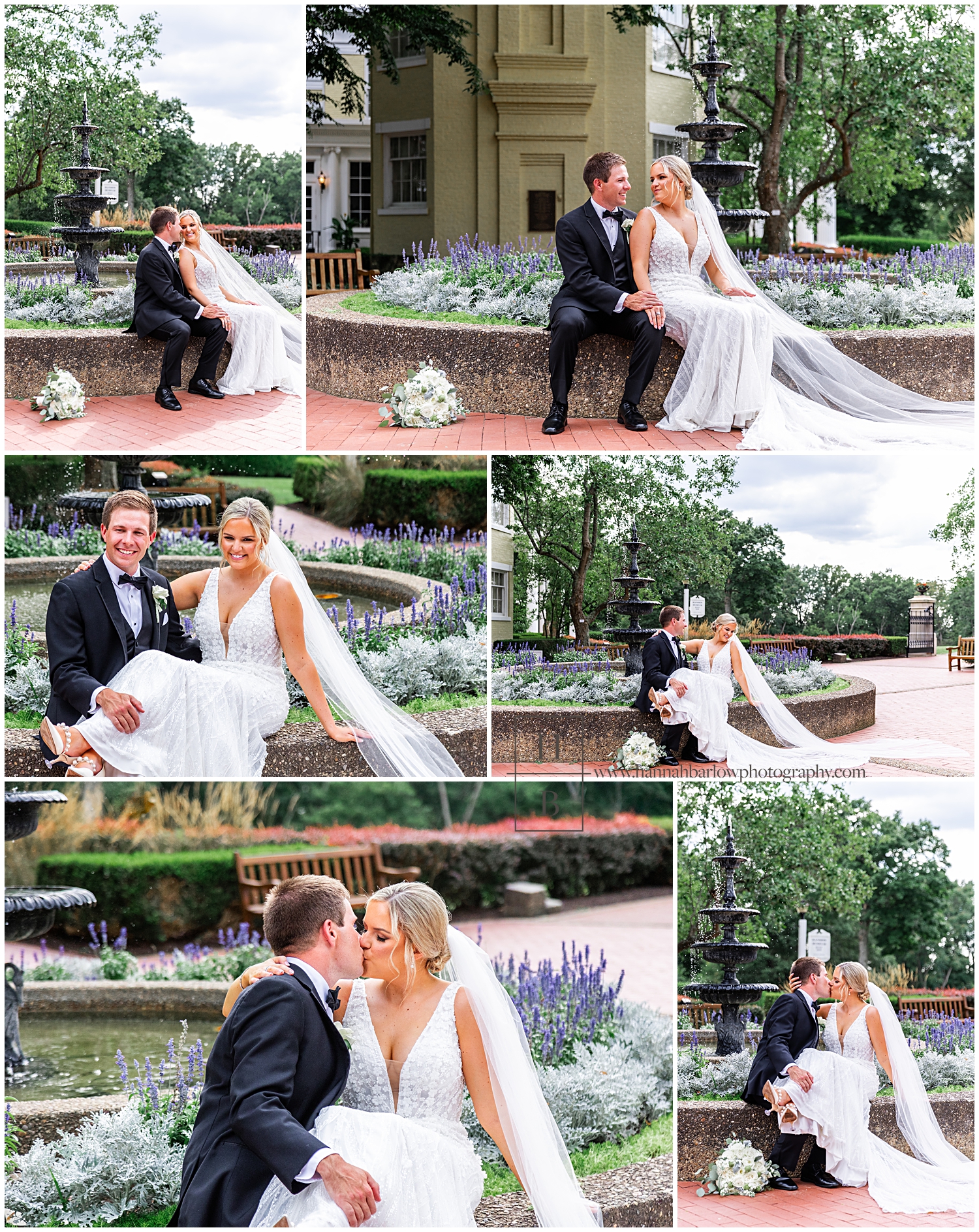 Bride and groom pose at stone water fountain for wedding photos