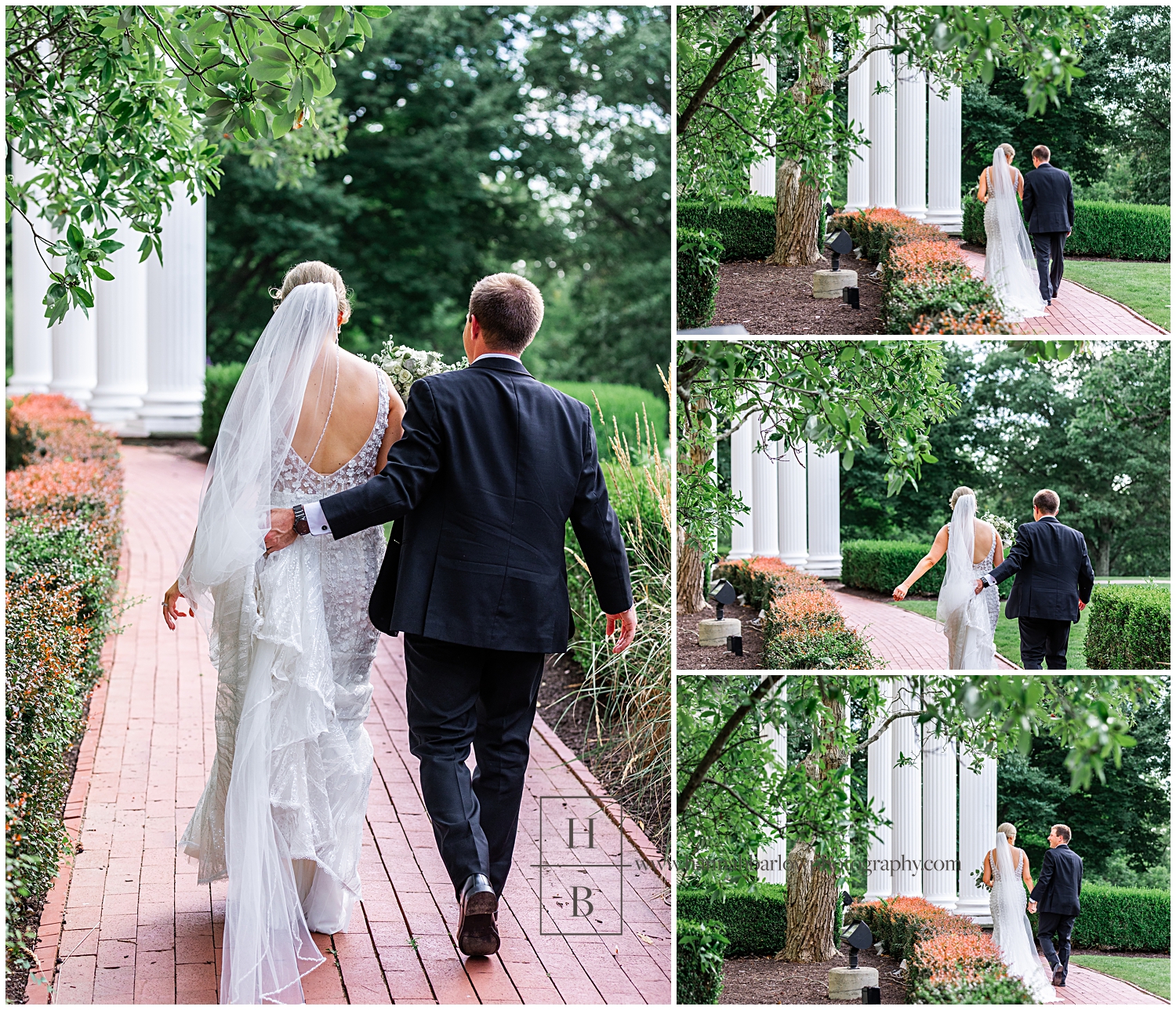 Bride and groom walk toward Oglebay mansion