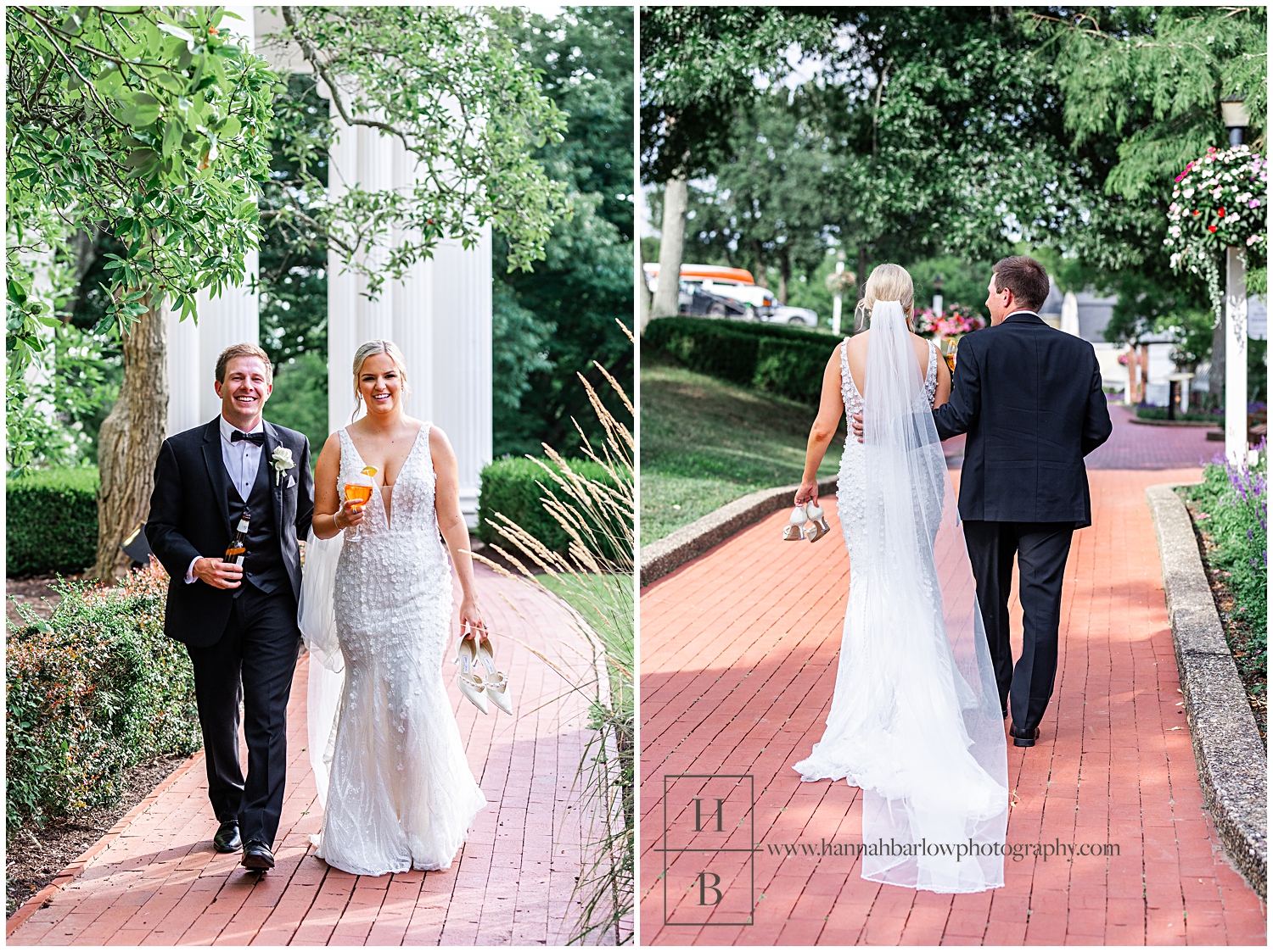 Bride goes barefoot holding shoes and walks with groom