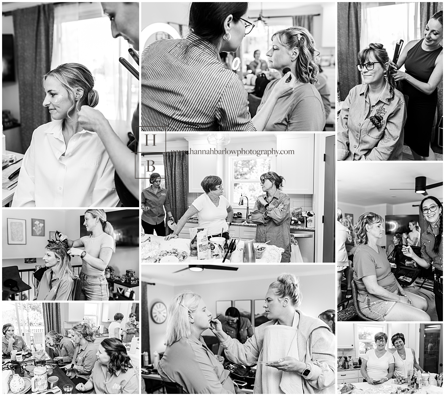 Black and white photo of bride and family getting ready