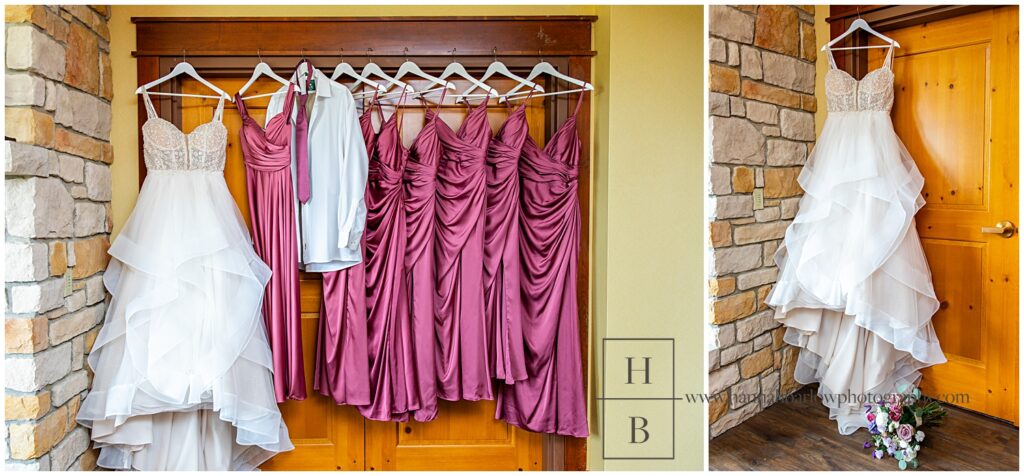  Mauve bridesmaids dresses hand with bride's gown and bride's man's clothes