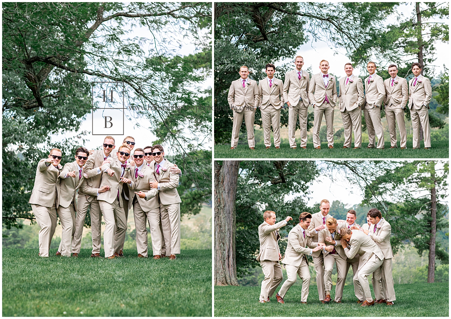 Groomsmen and tan tuxes pose with groom