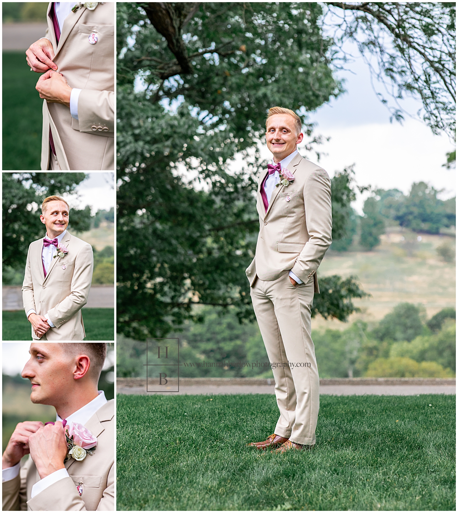 Groom in tan tux poses for photos