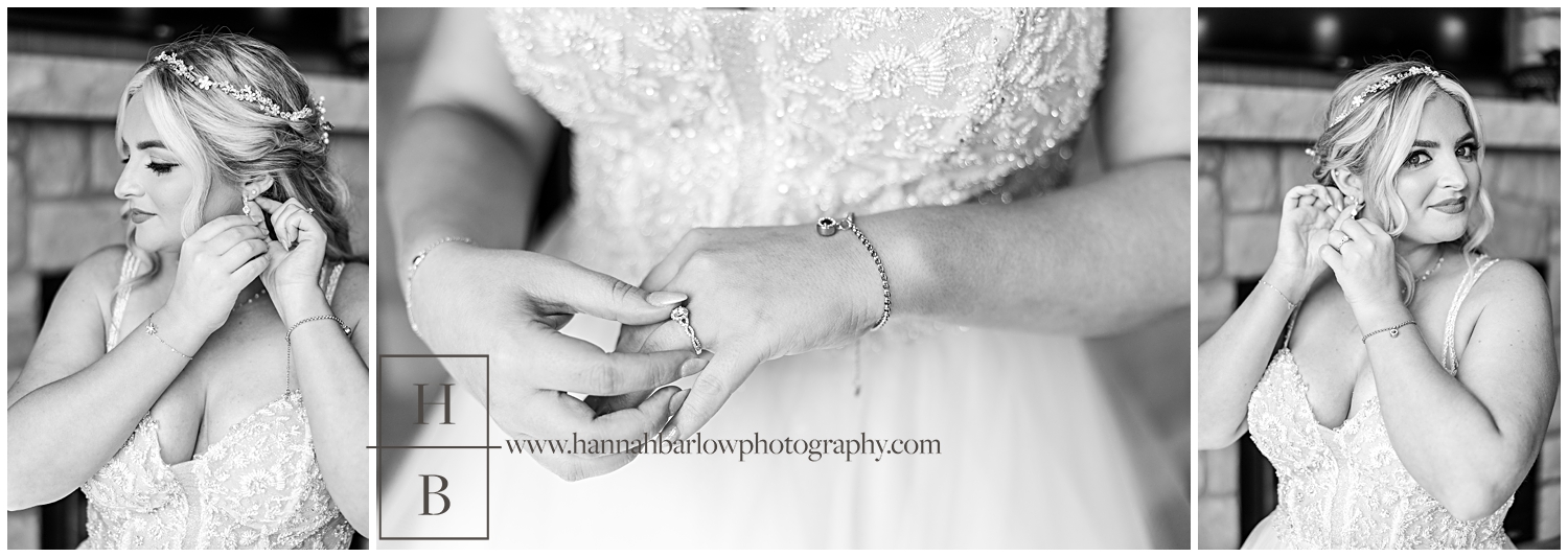 Black and white photos of Bride getting ready