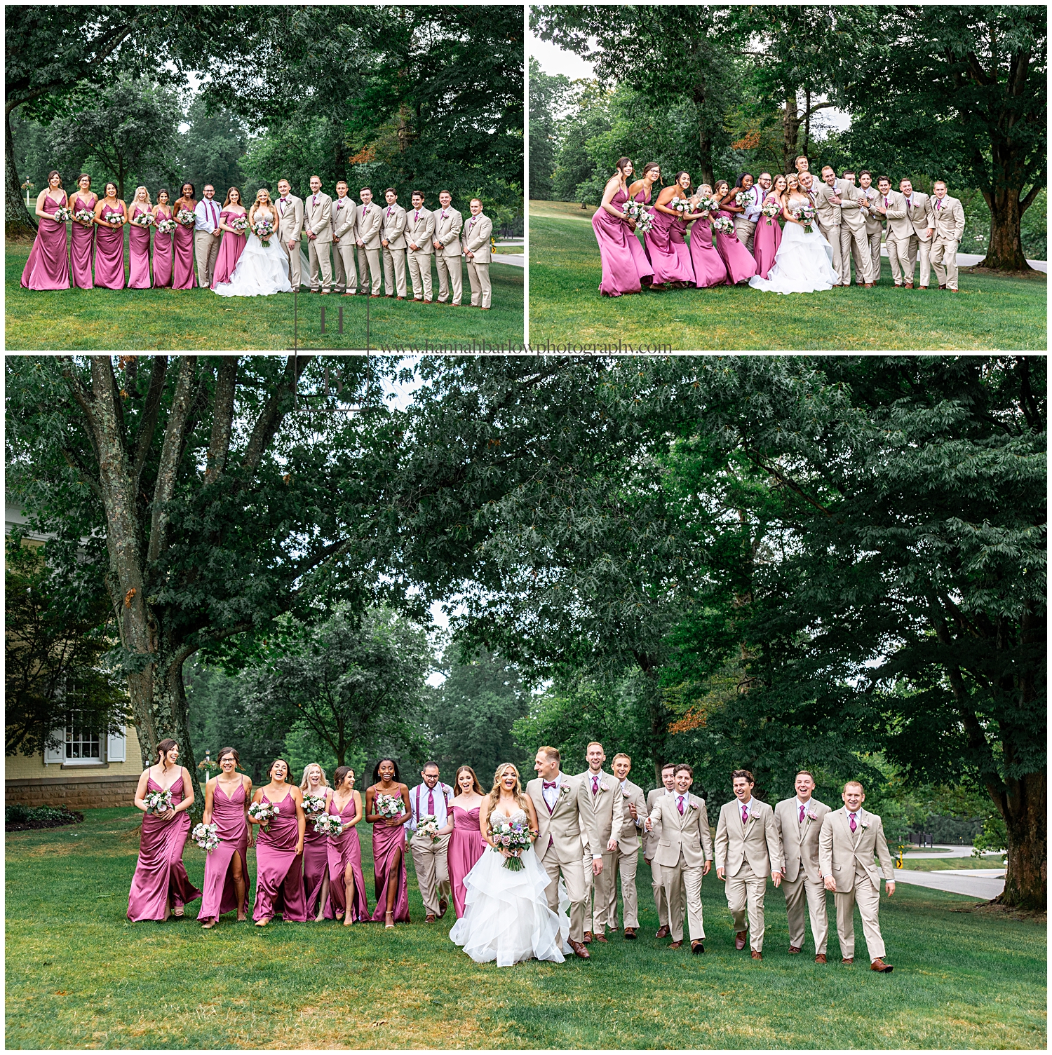 Groomsmen and tan tuxes walk and pose with bridesmaids in mauve dresses