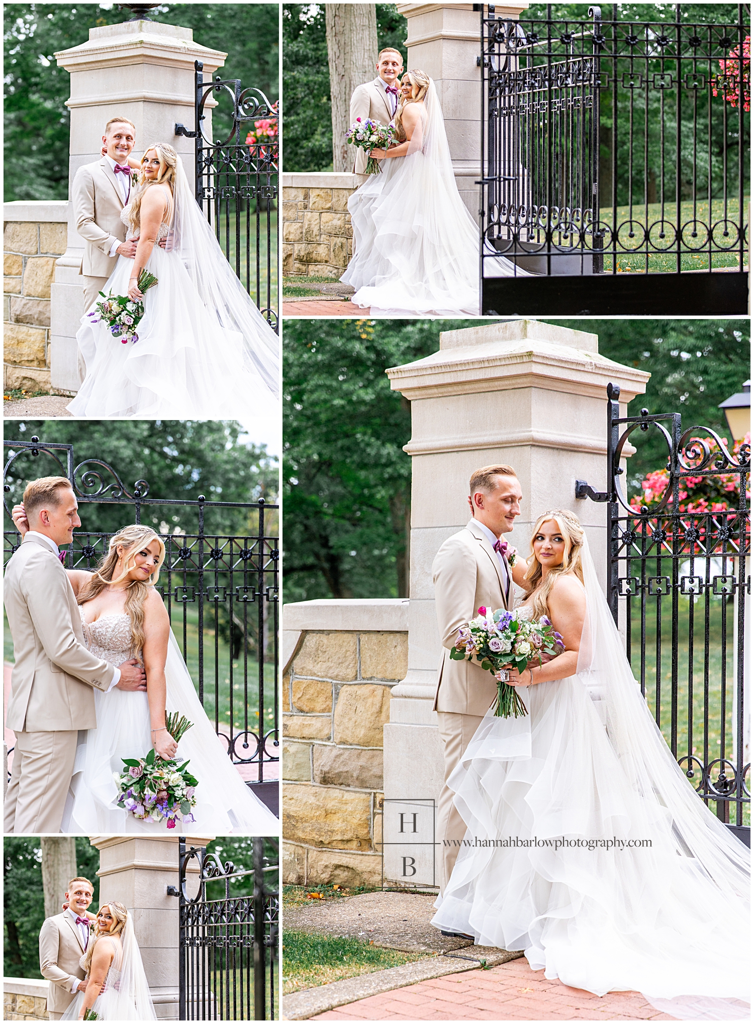 Bride and groom pose by stone pillars and black metal fence