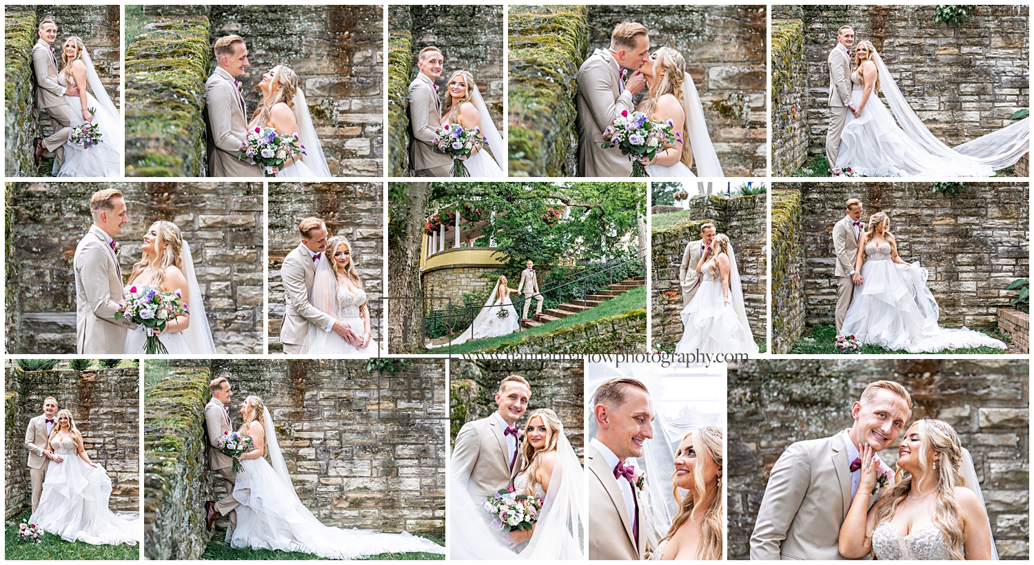 Bride and groom pose by Stone wall