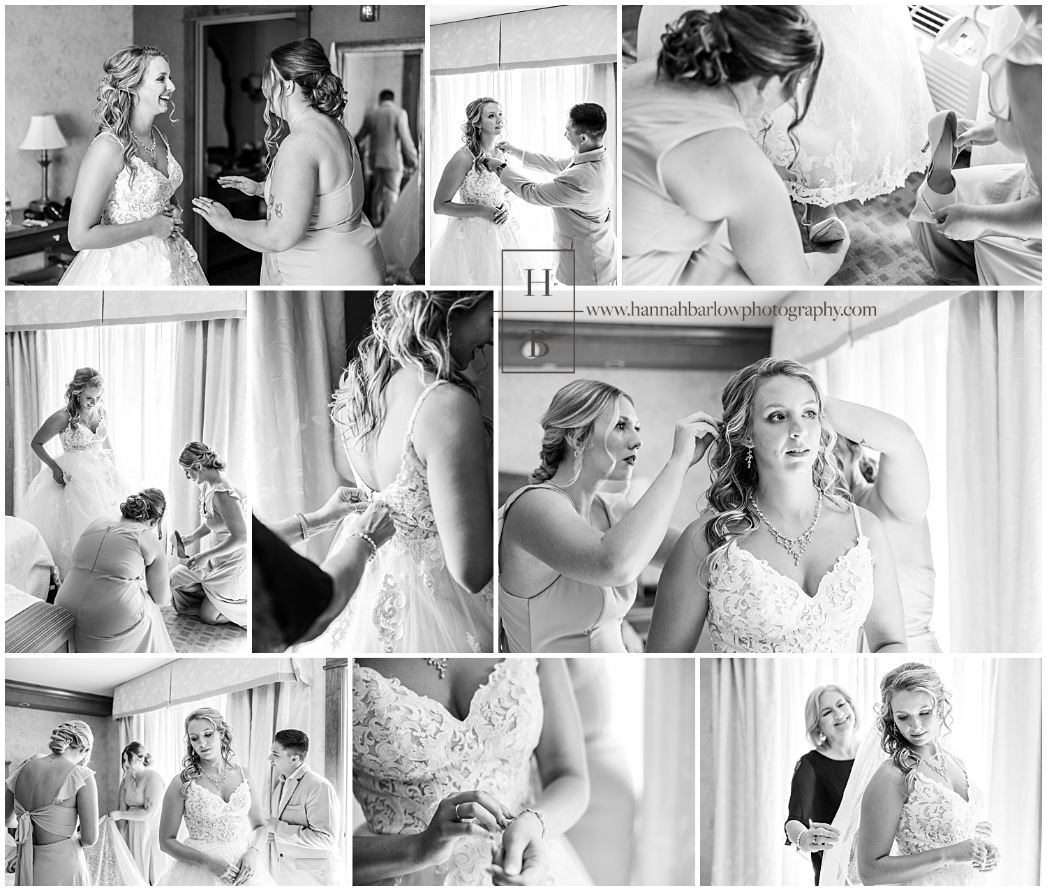 Black and white photos of Brad getting ready with brother bridal party and mom