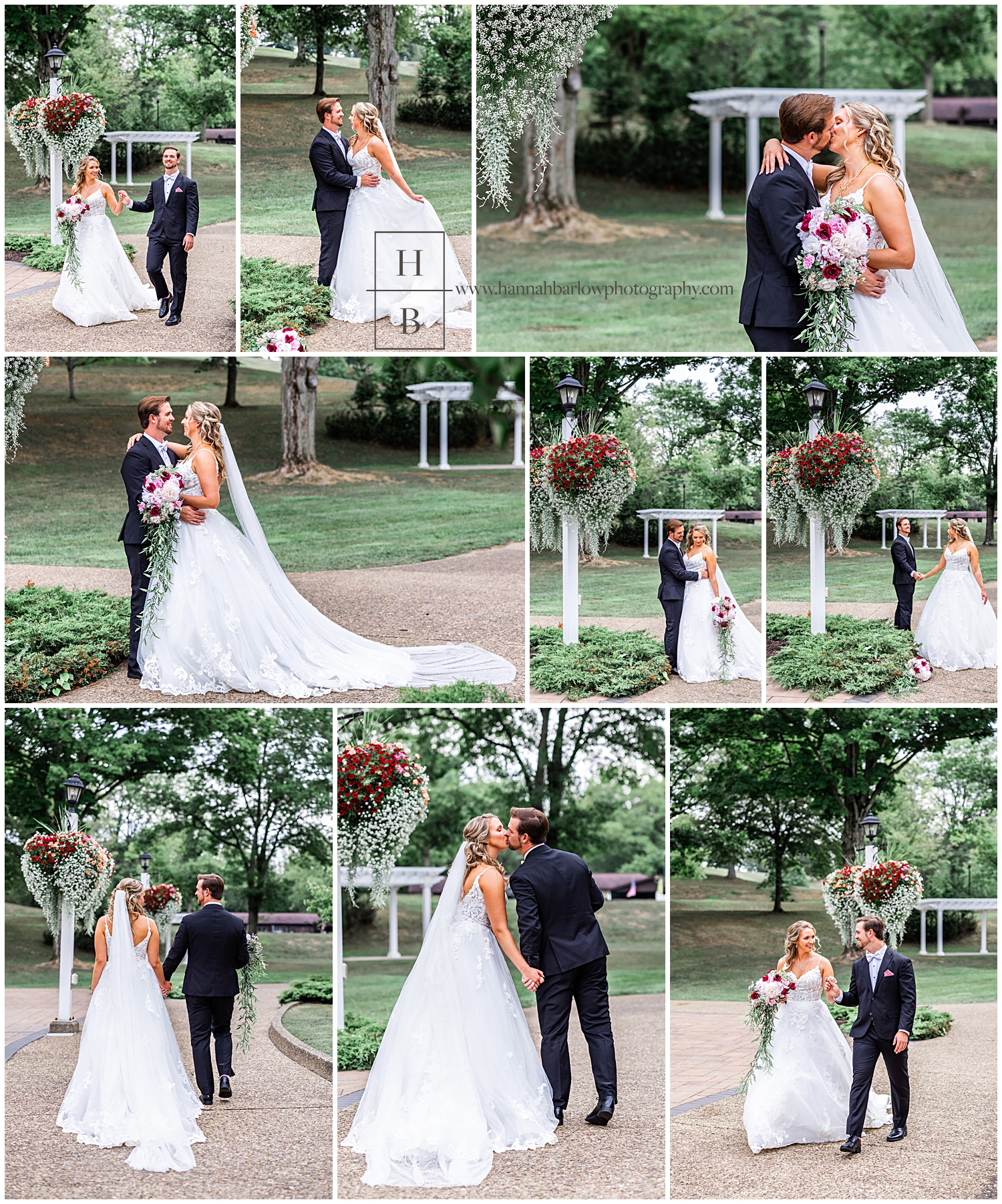 Groom in black tux poses with bride on brick patio with flowers surrounding