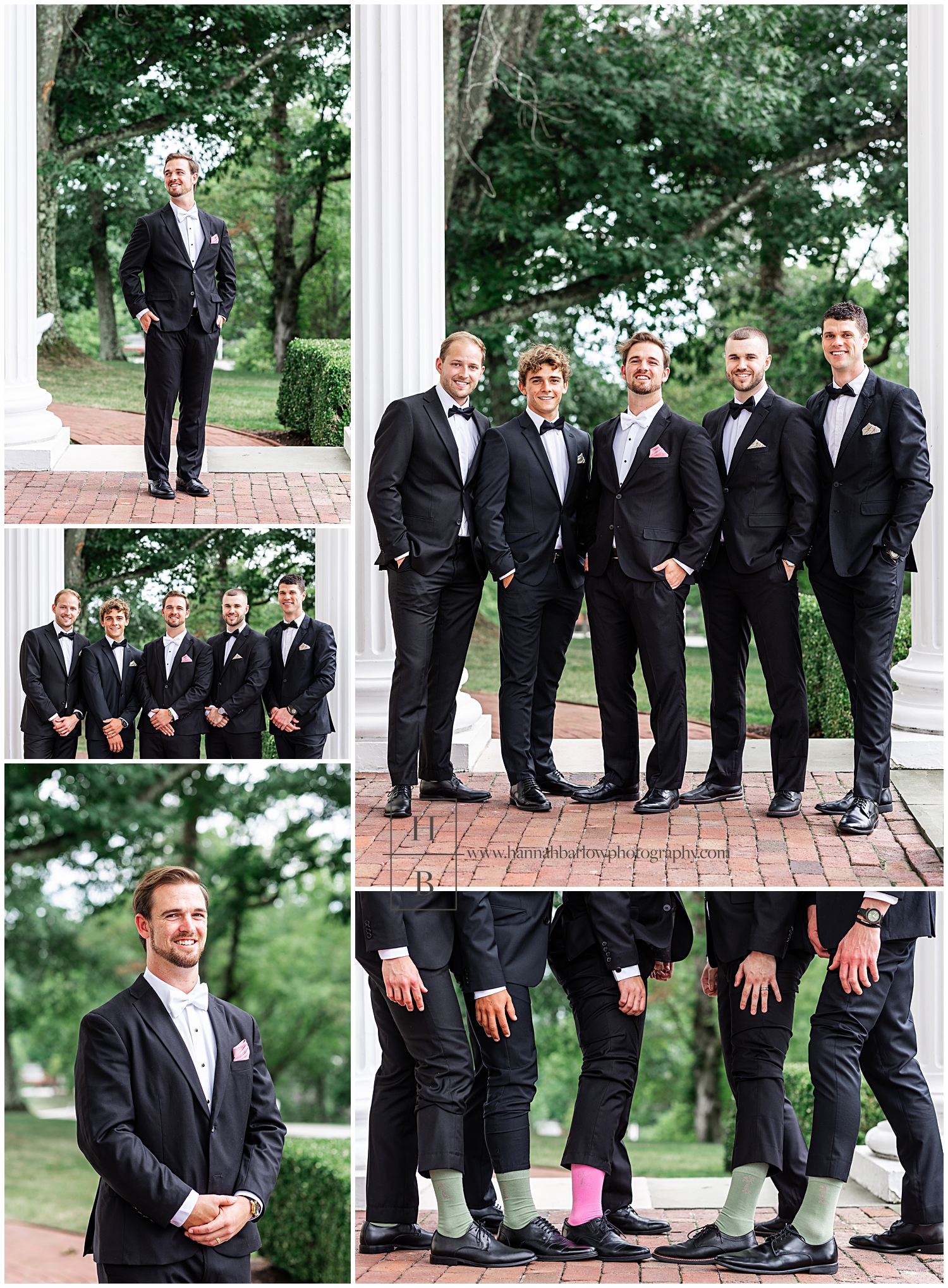 Groom and groomsmen and black tuxes pose by White pillars