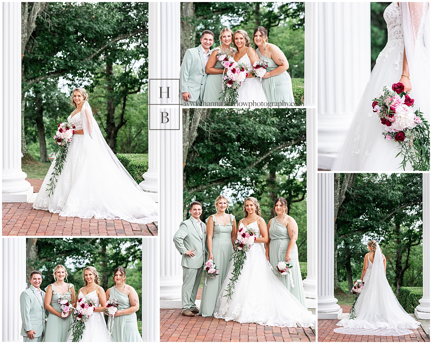 Bridal party and light green suits and dresses pose with bride