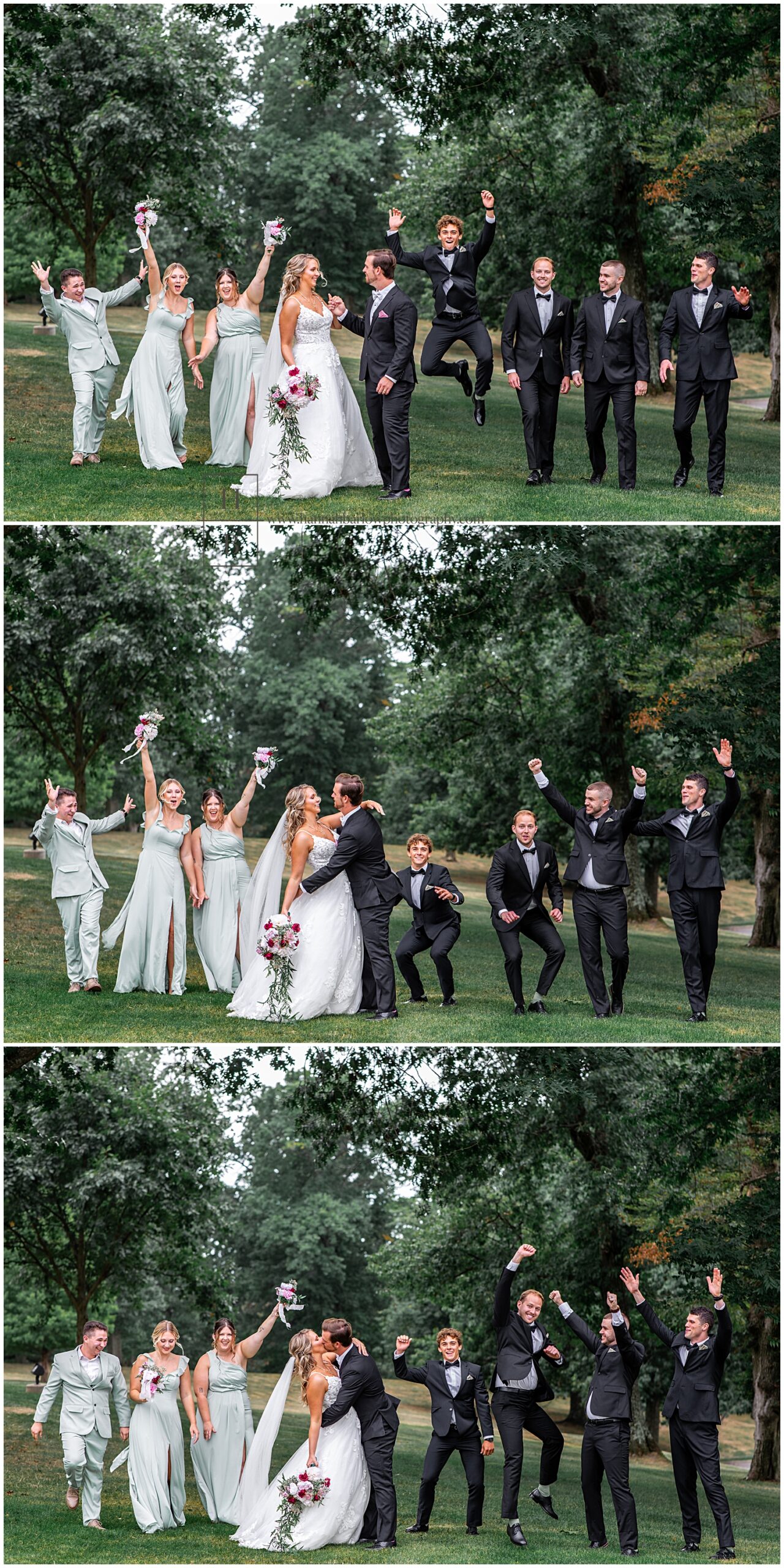 Bridal party walks with bride and groom while jumping and cheering