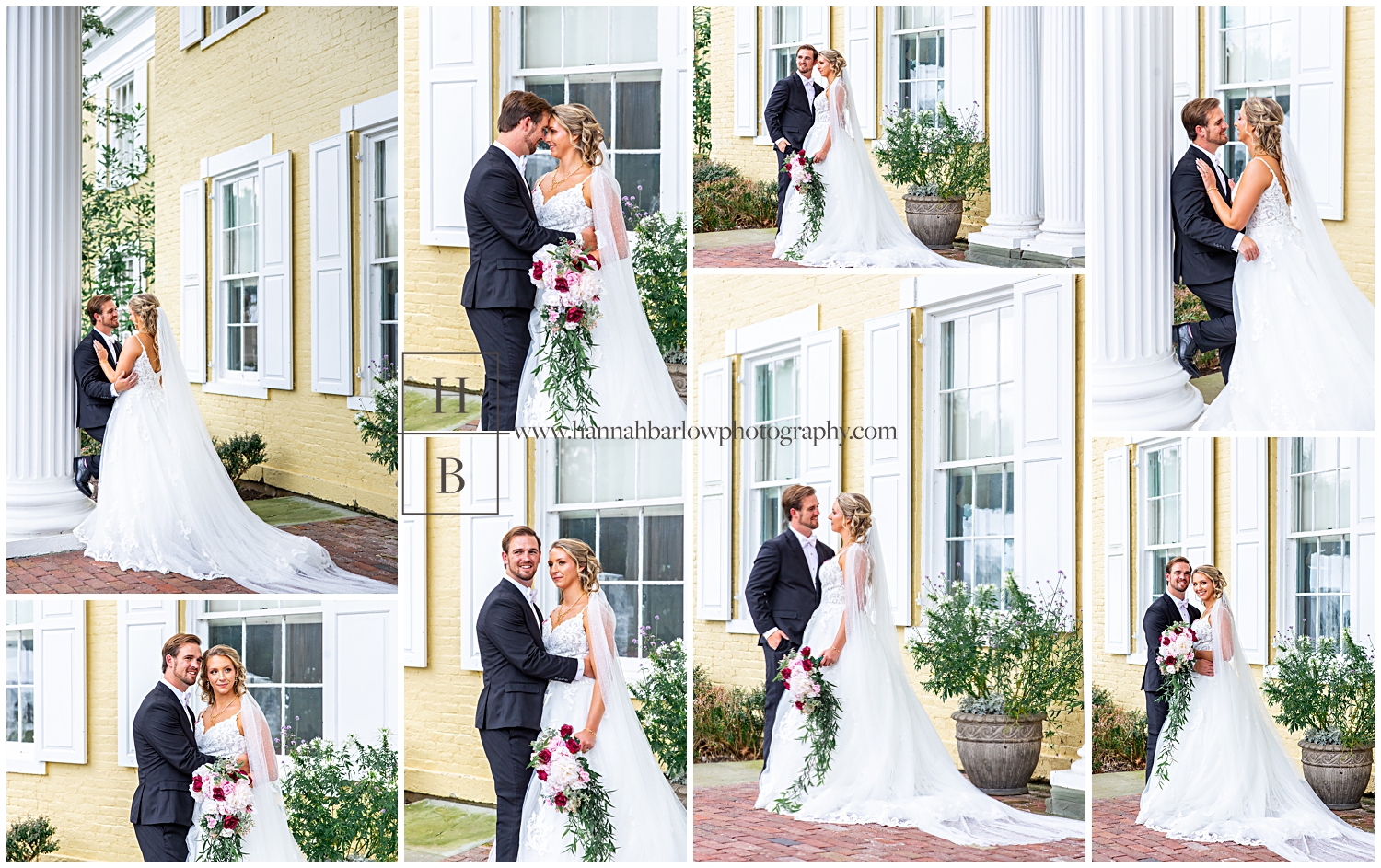 Bride and groom pose by White pillars in front of Oglebay's yellow mansion