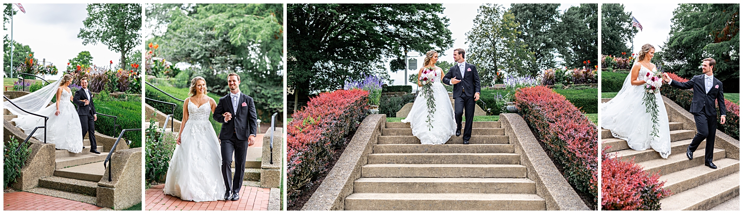 Bride and groom walk on brick and stone