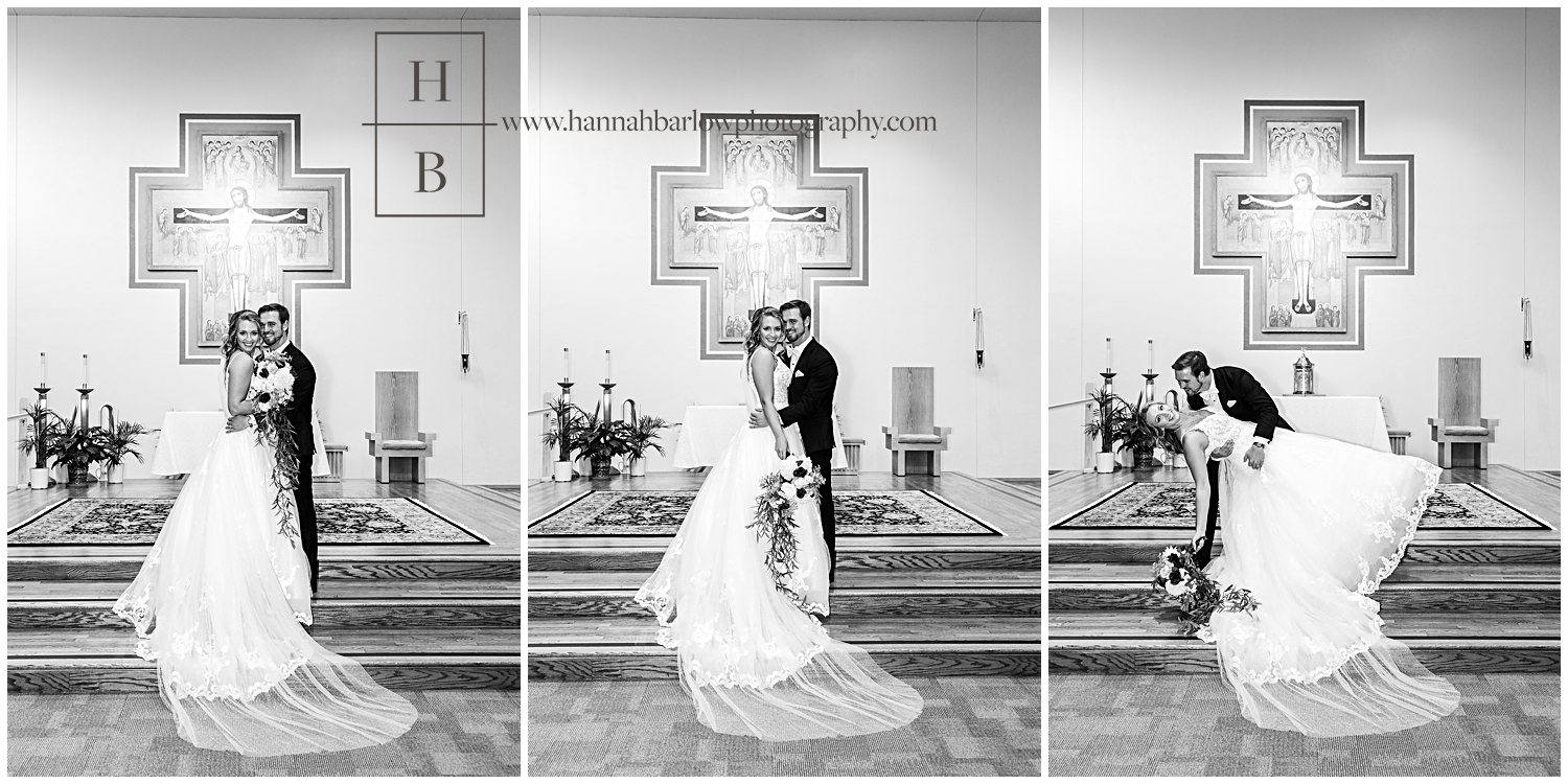 Black and white photos of Bride and groom posing on Catholic church altar