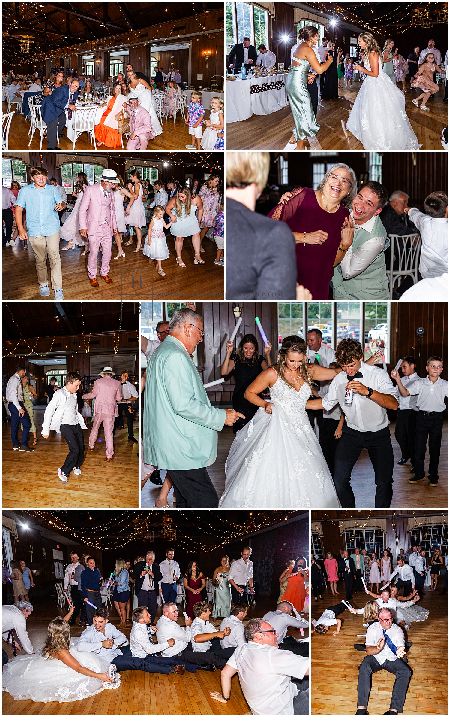 Bride and groom dance with guests at reception