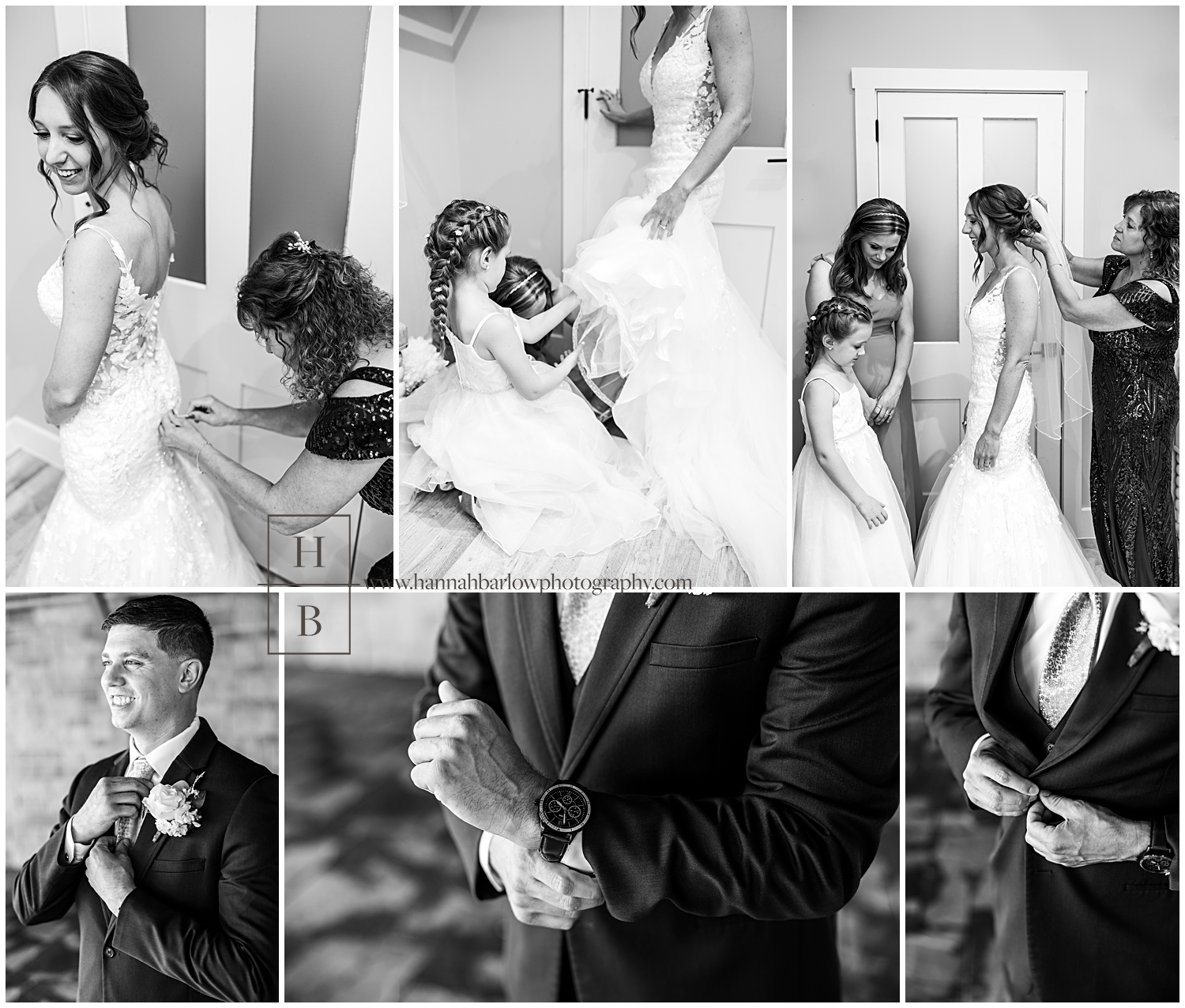 Black and white photos of bridal party getting ready for wedding