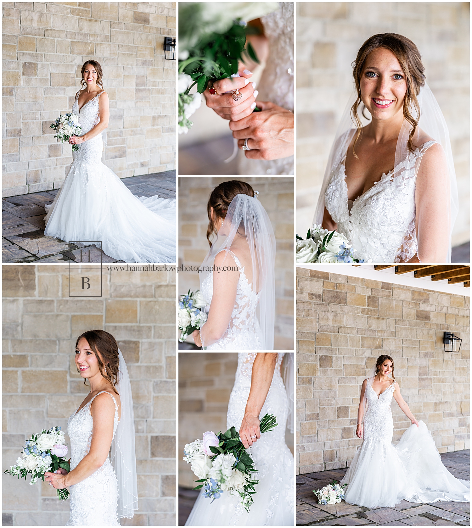 Bride poses in front of tan brick for bridal portraits