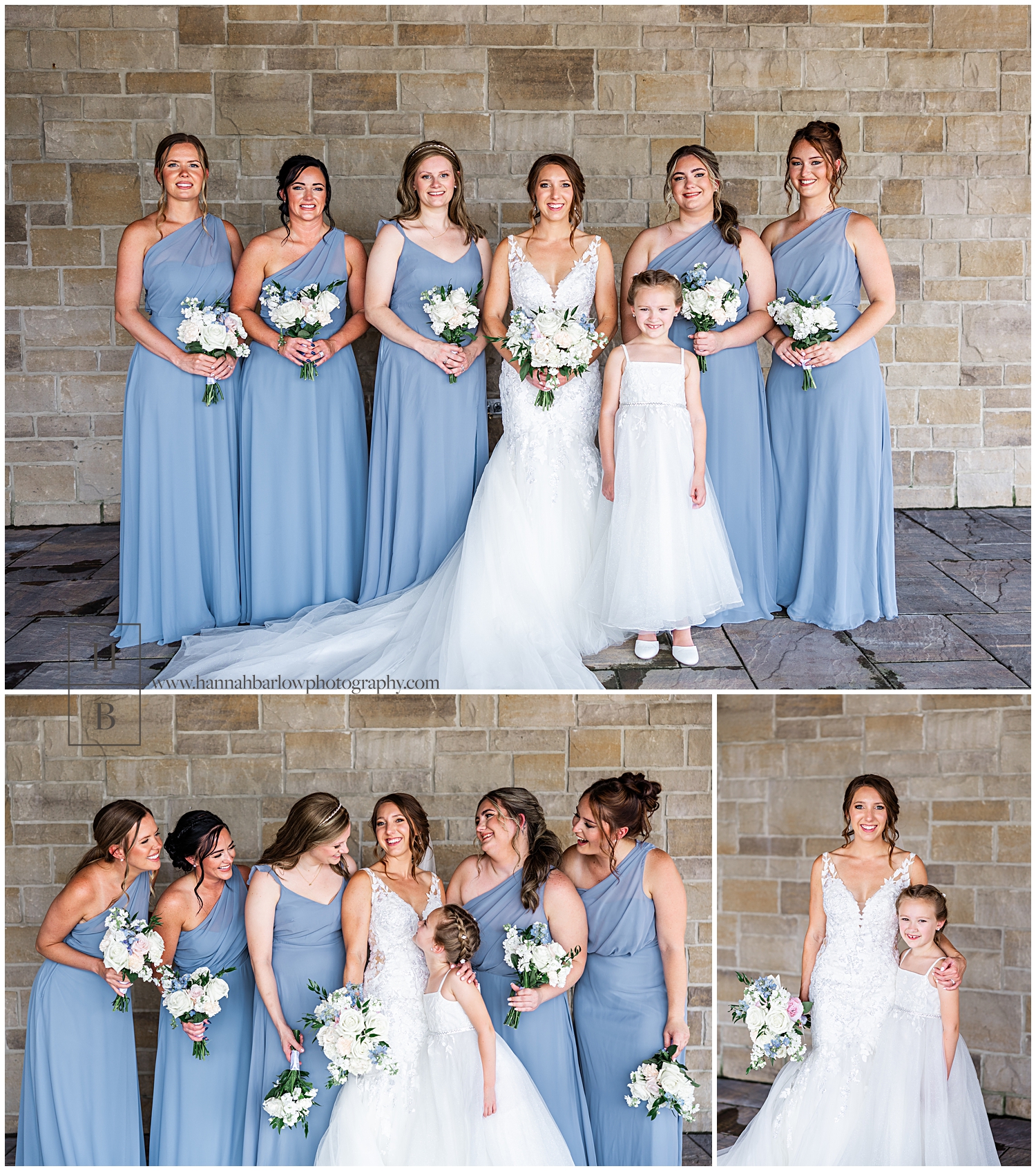 Bridesmaids and dusty blue dresses pose with bride