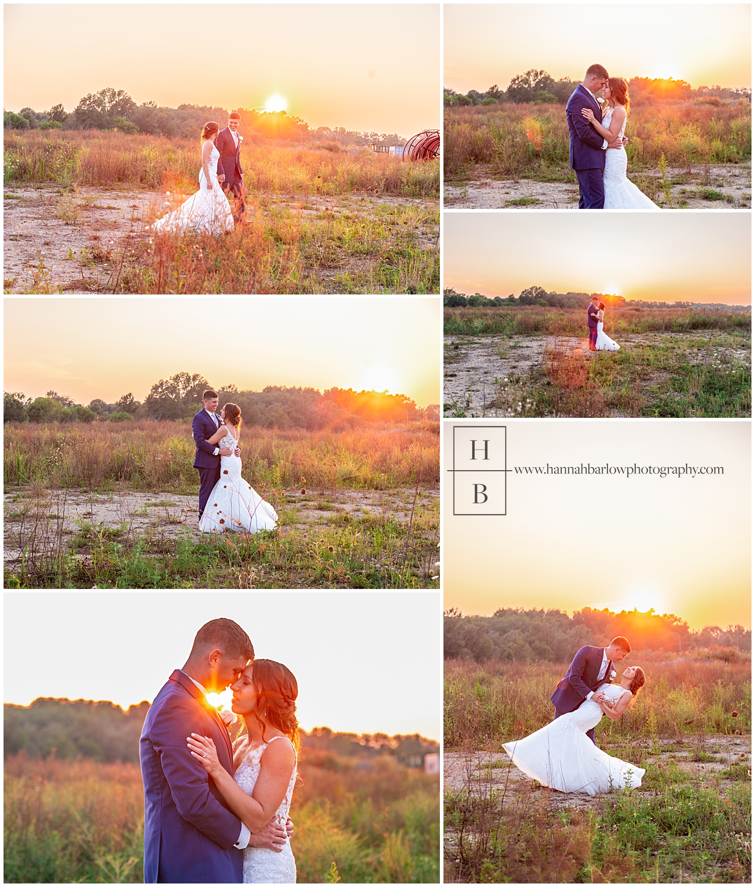 Bride and groom dance and pose for photos during golden hour and field