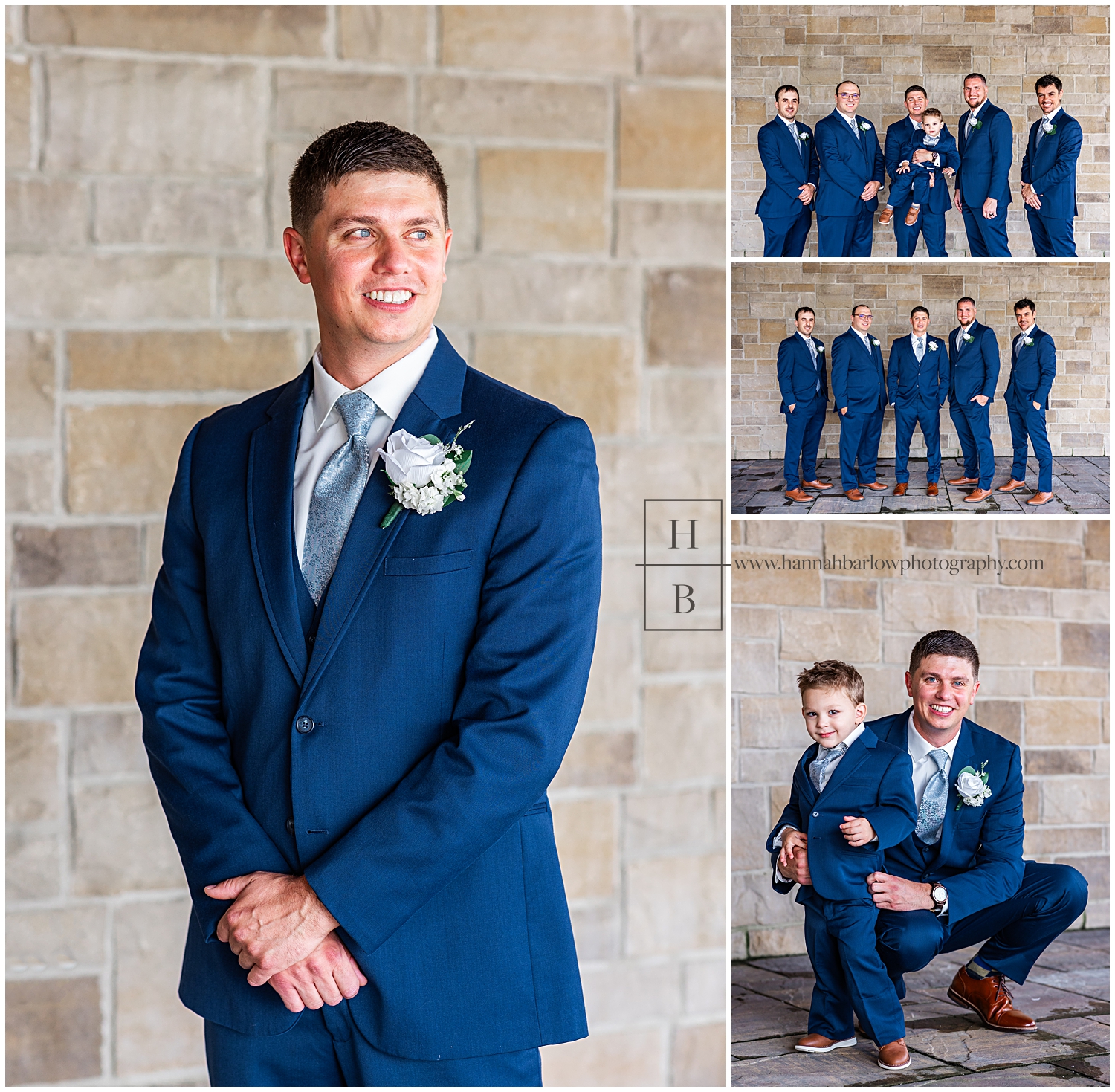 Room in navy blue tux poses with groomsmen