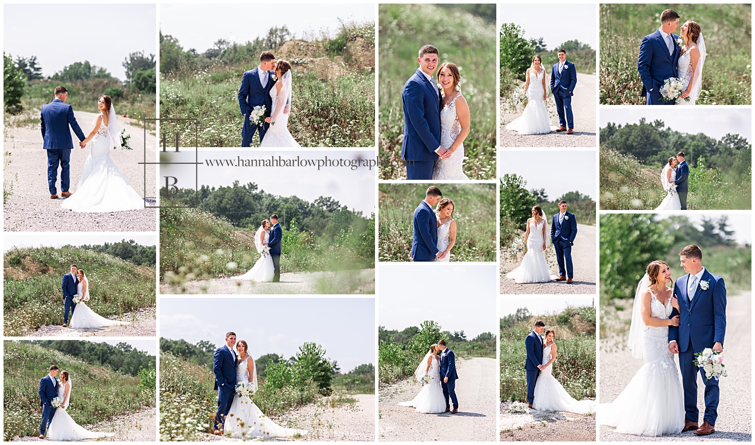 Bride and groom pose in gravel lot in front of field foliage