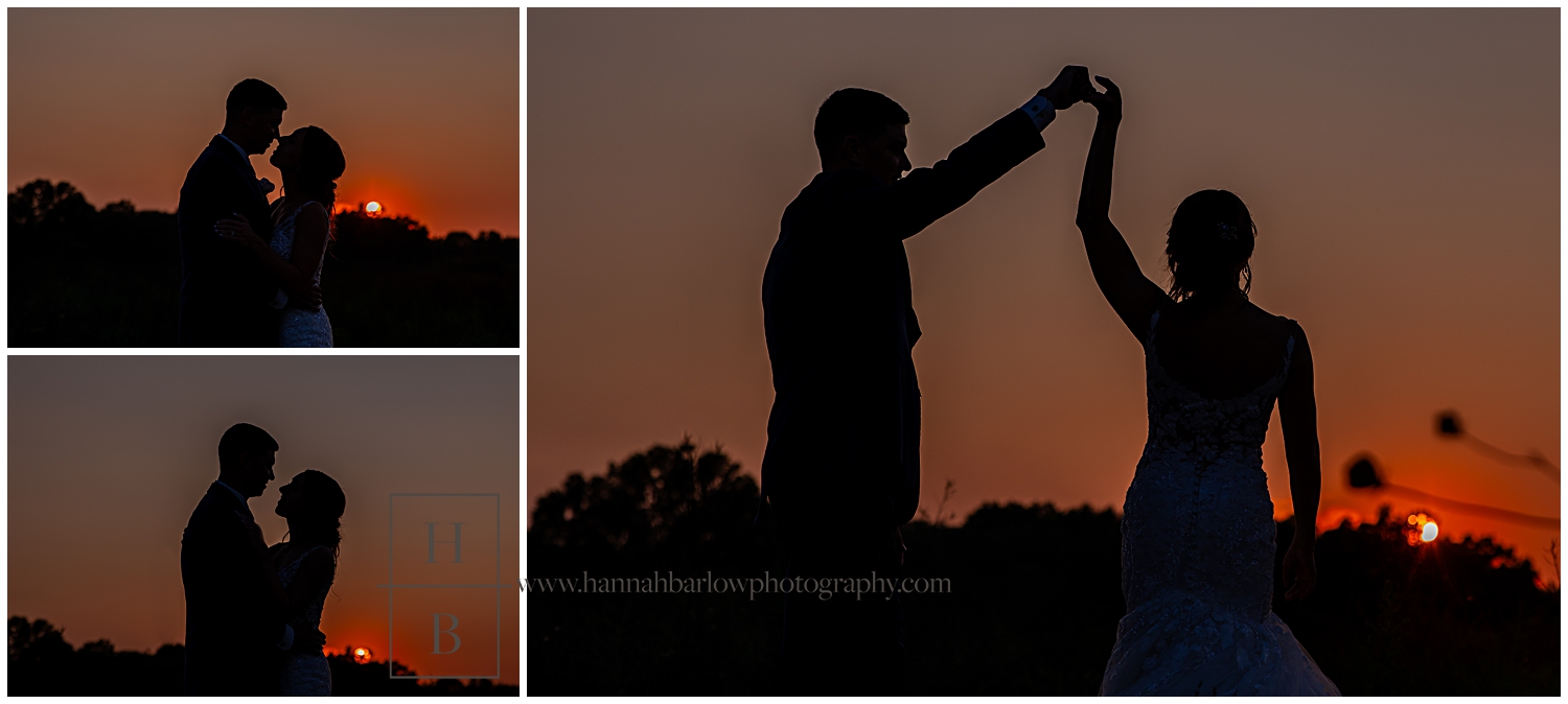 Sunset silhouette photos of bride and groom