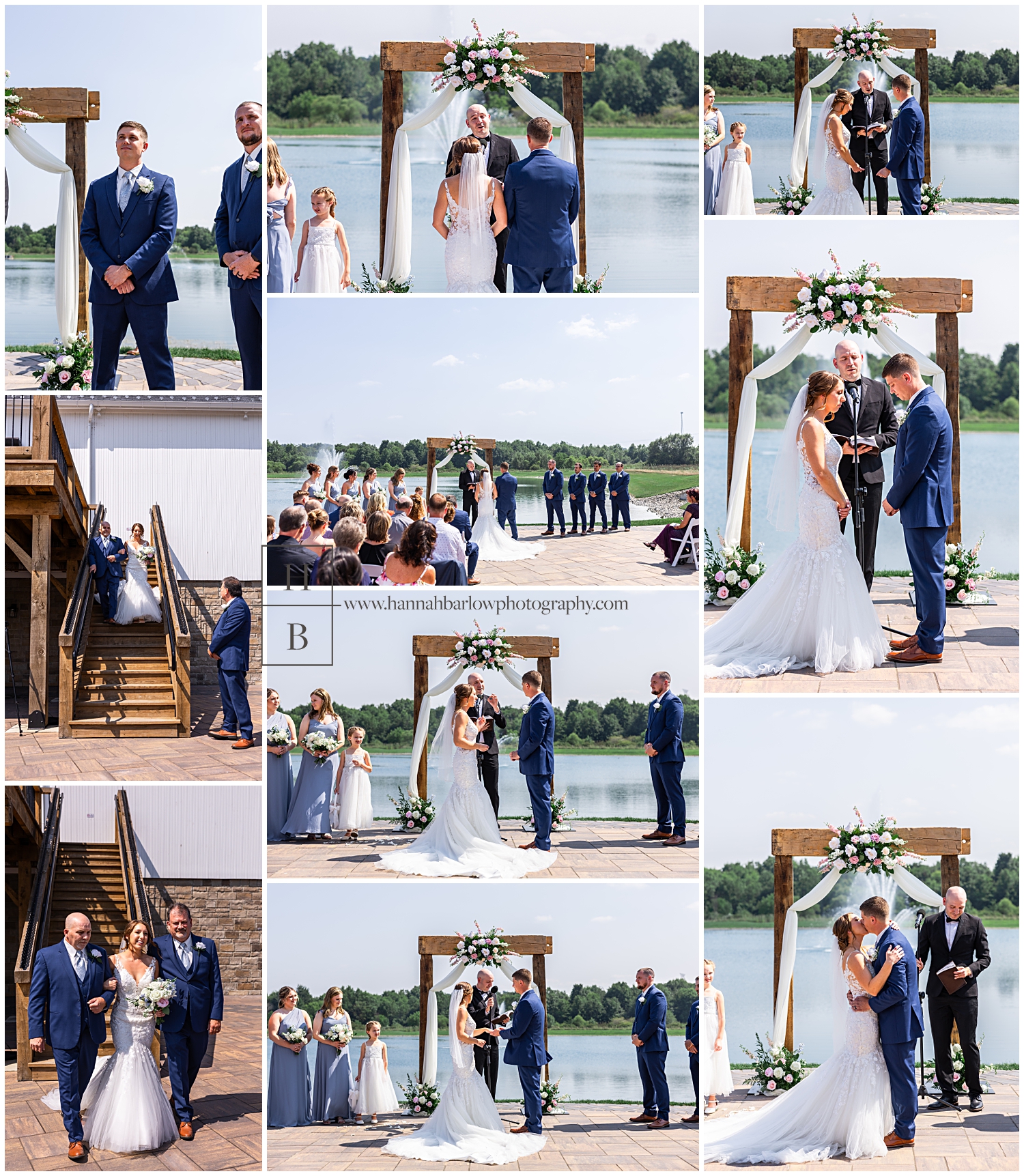 Wedding ceremony photo collage in front of Lake