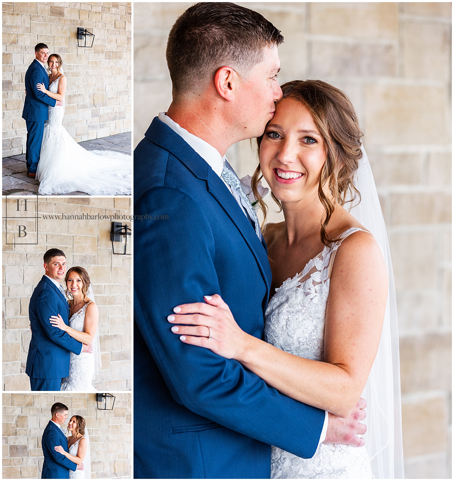 Bride and groom pose together in front of tan brick wall