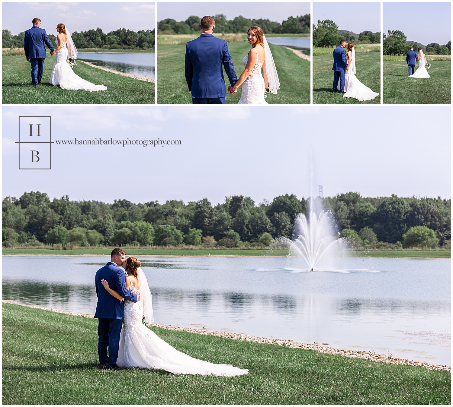 Wedding couple poses in front of Lake