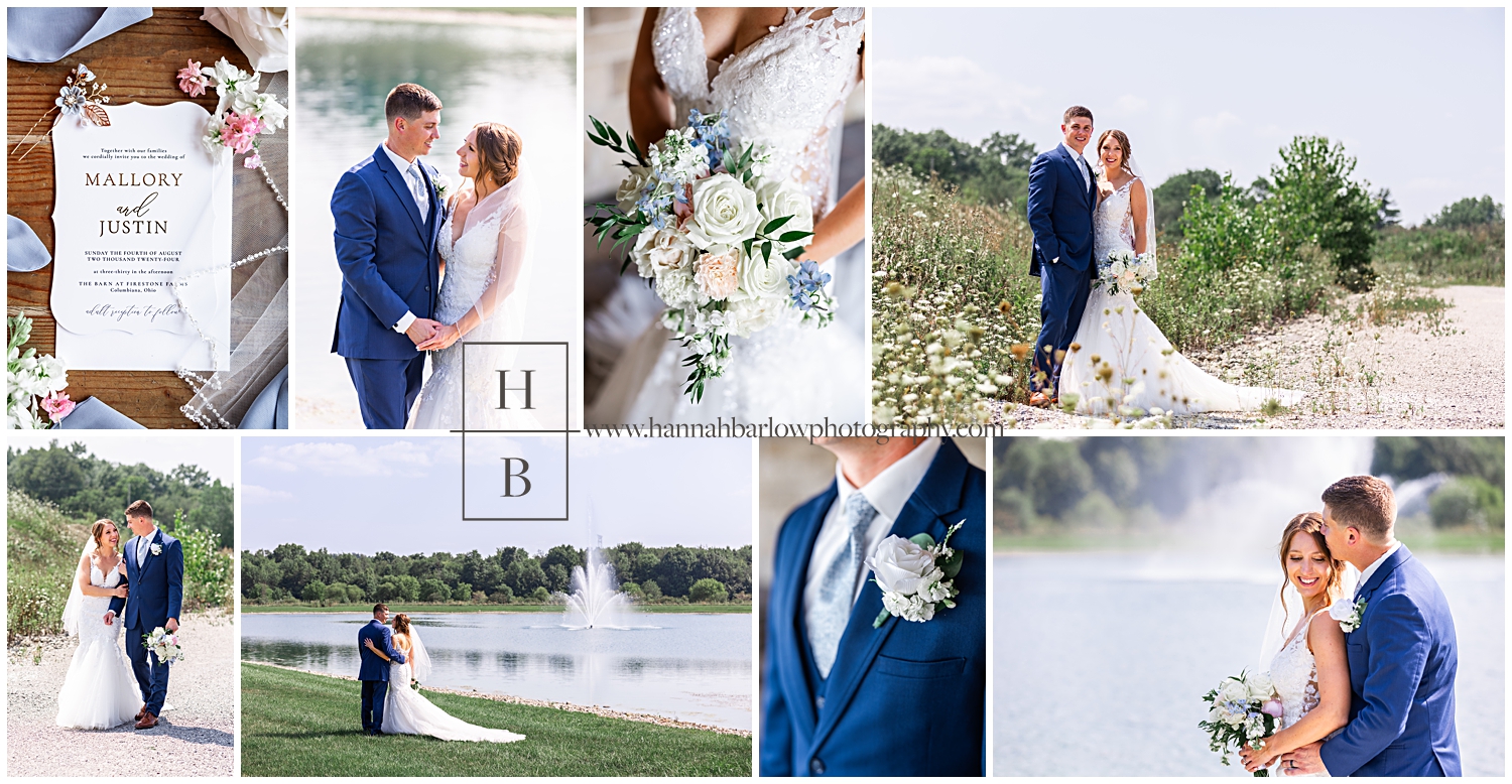 Wedding photo collage highlighting navy and dusty blue wedding features