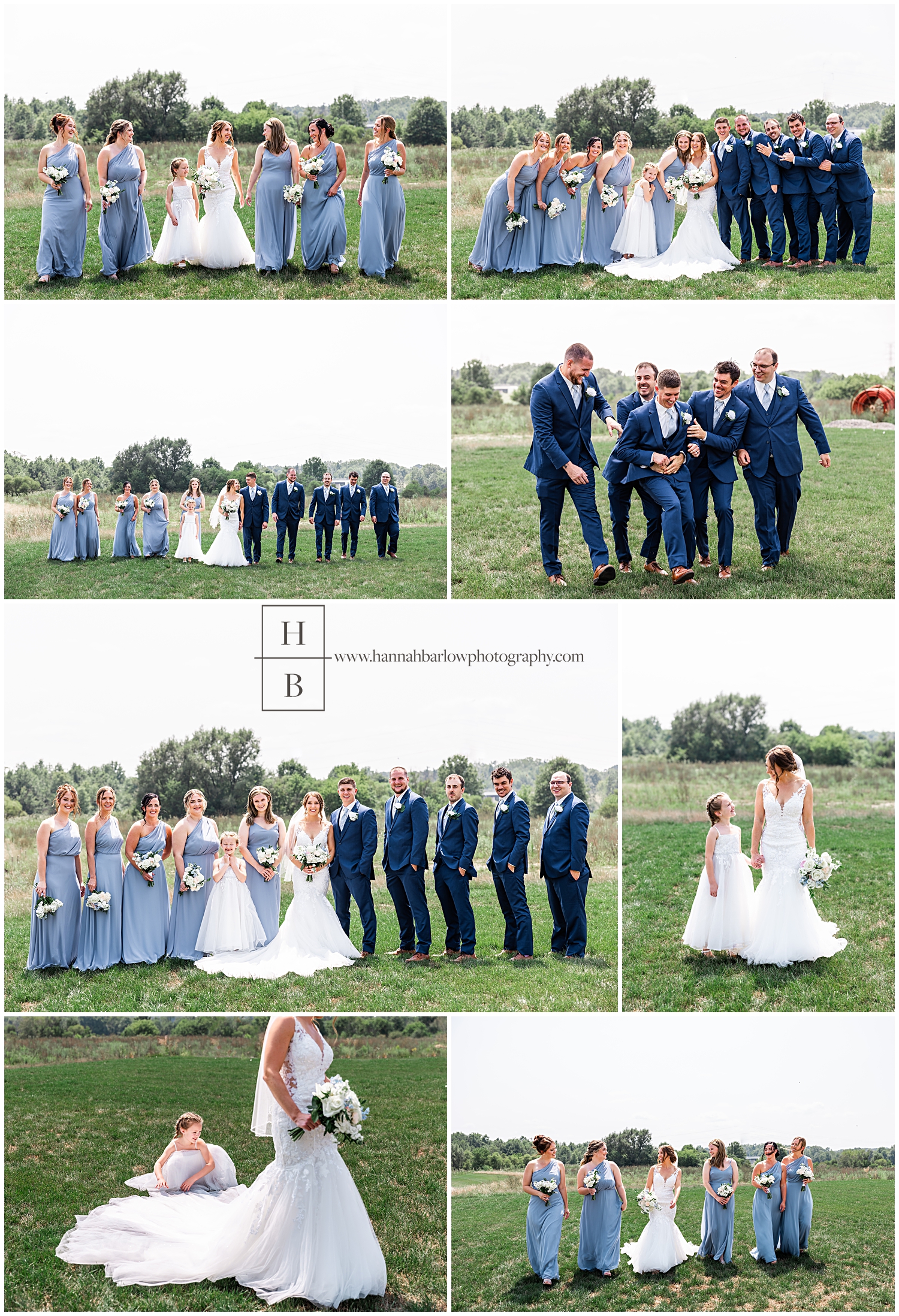 Bridal party pose infield with flower girl and bride and groom