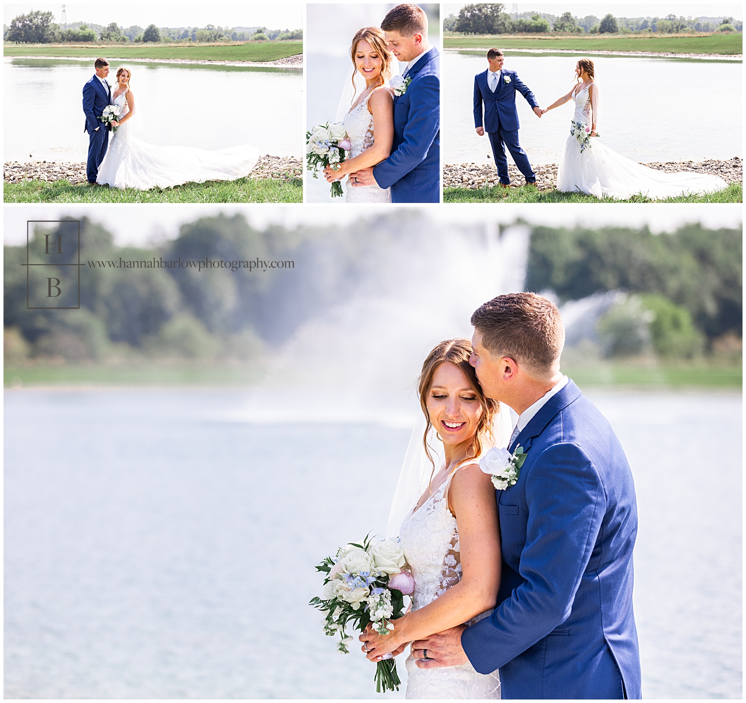 Couple embrace for wedding photos in front of Lake and fountain