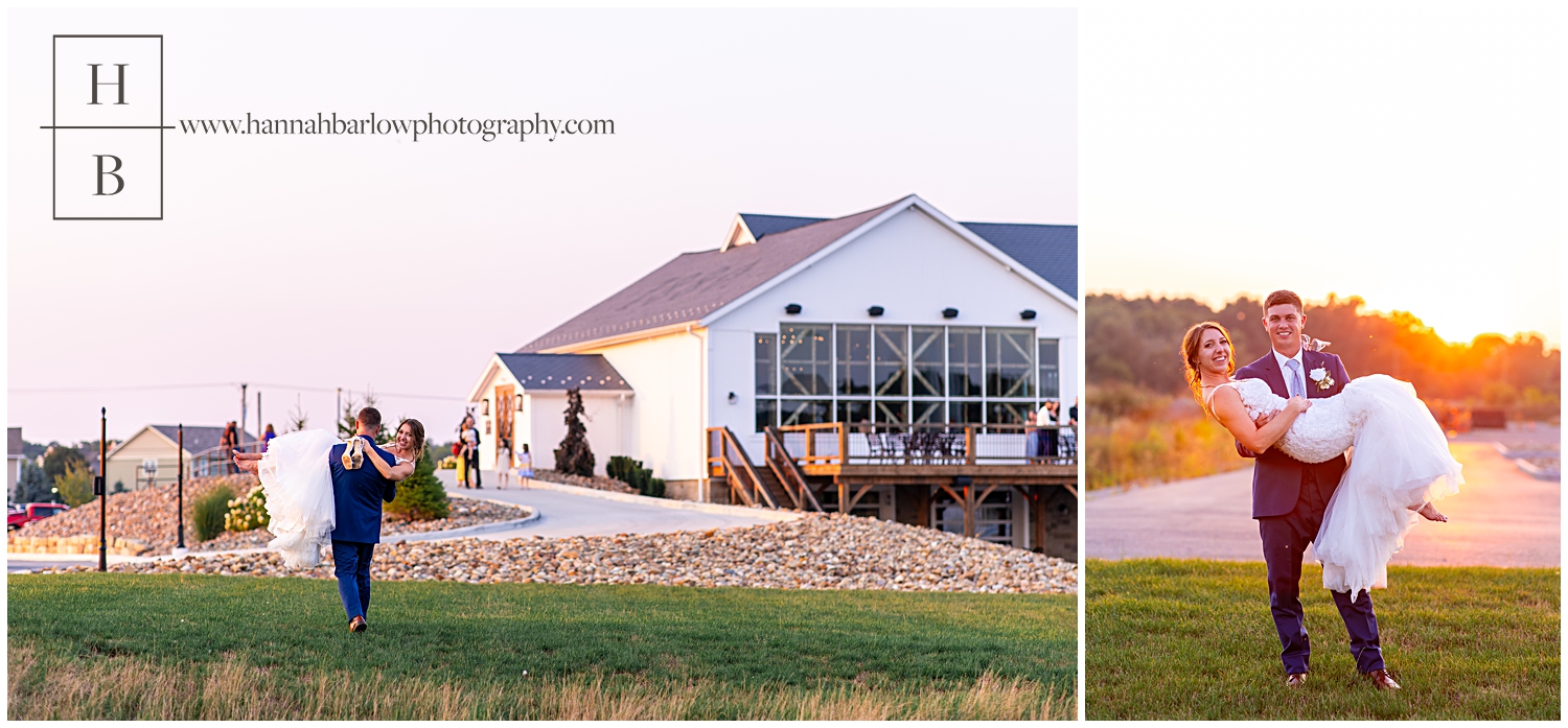 Groom carries bride to venue during golden hour