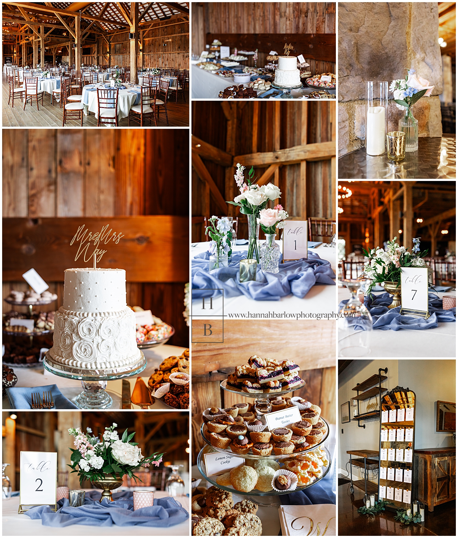 Barn wedding reception details including cake and cookie table