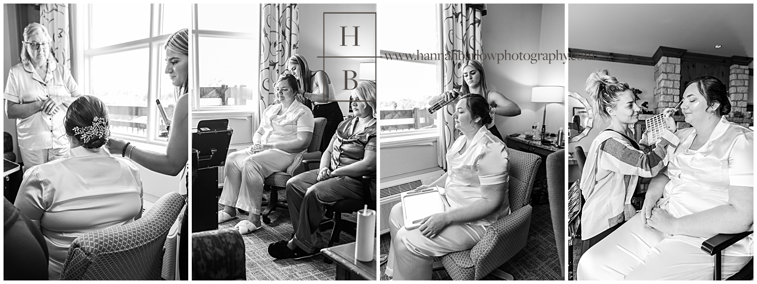 Black and white photos of Bride getting hair and make up done