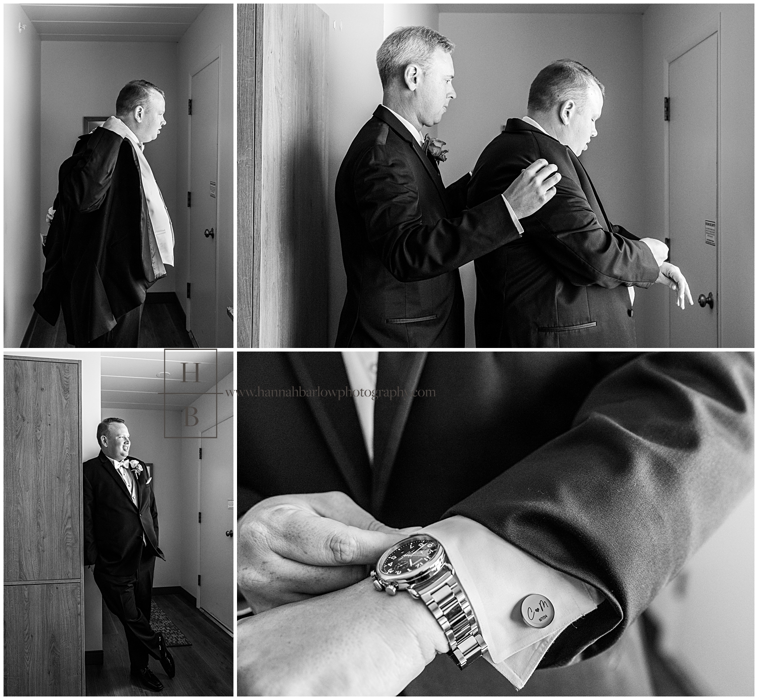 Black and white photos of groom getting ready with Bus man