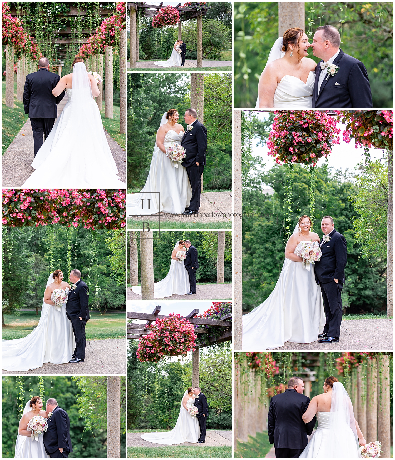 Bride and groom formals Under stone trellis with pink flowers